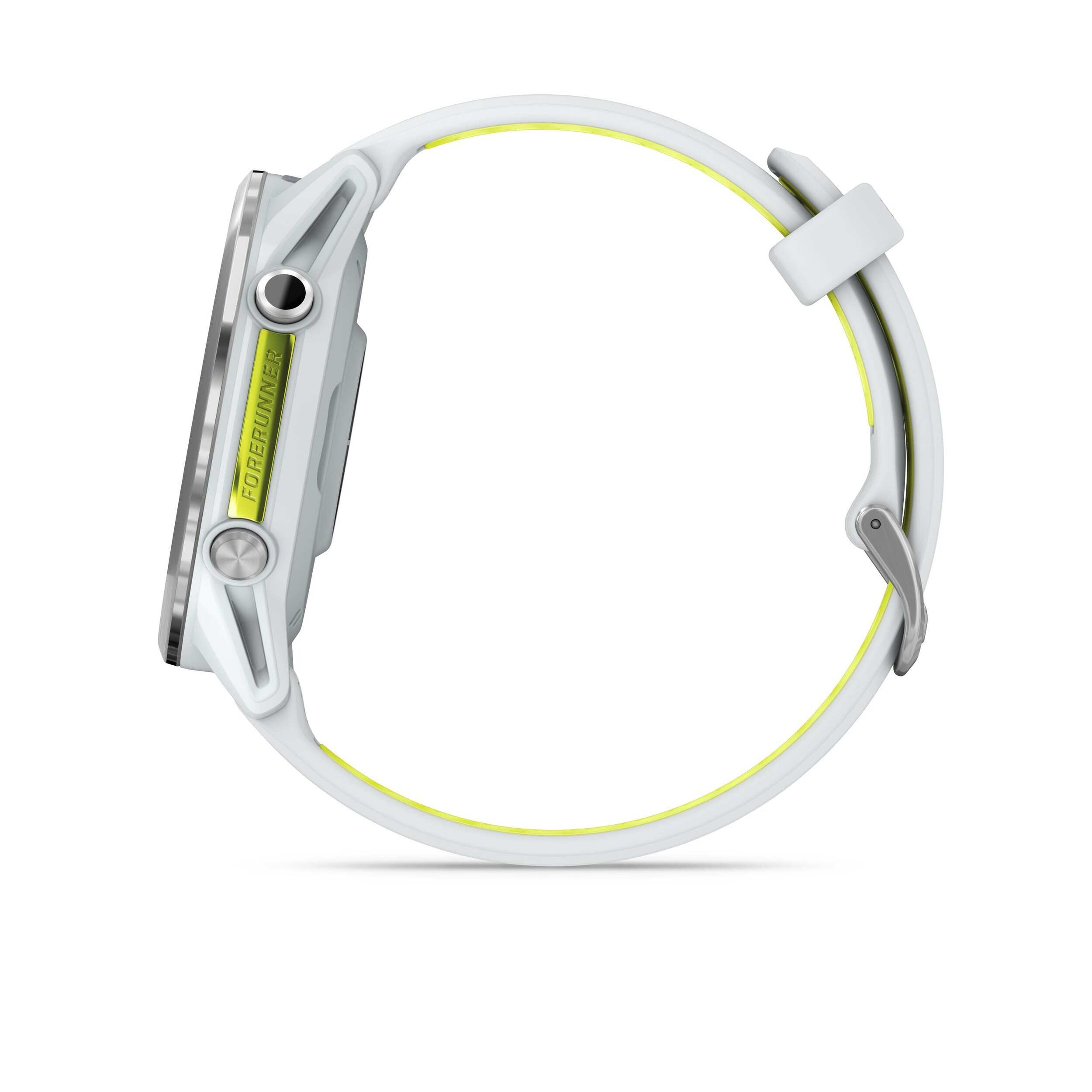 Garmin Forerunner 970 visto di lato con i pulsanti e il cinturino bianco chiuso ad anello