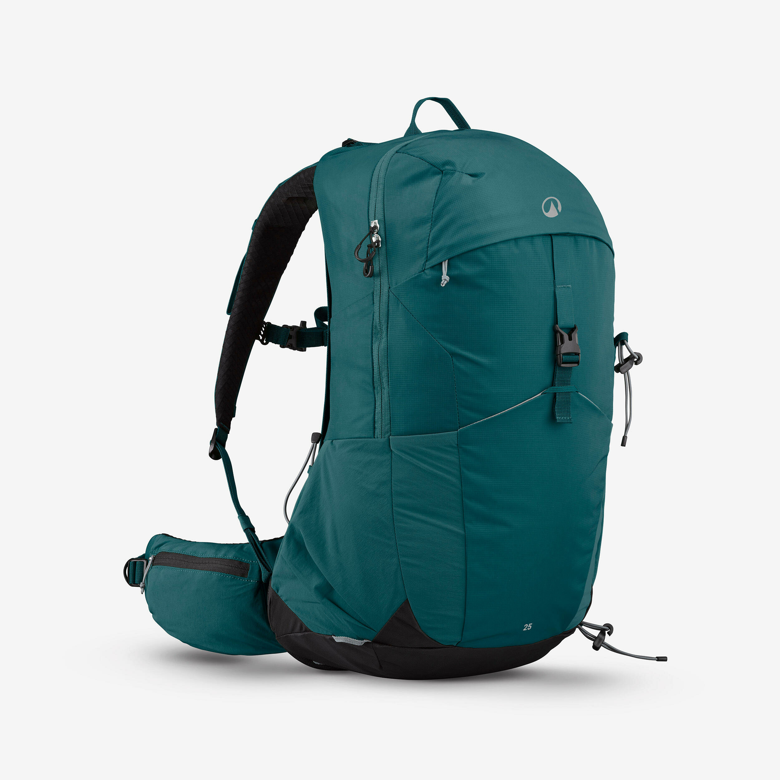 Zaino da trekking Quechua MH500 25 litri verde petrolio visto di tre quarti con la cintura