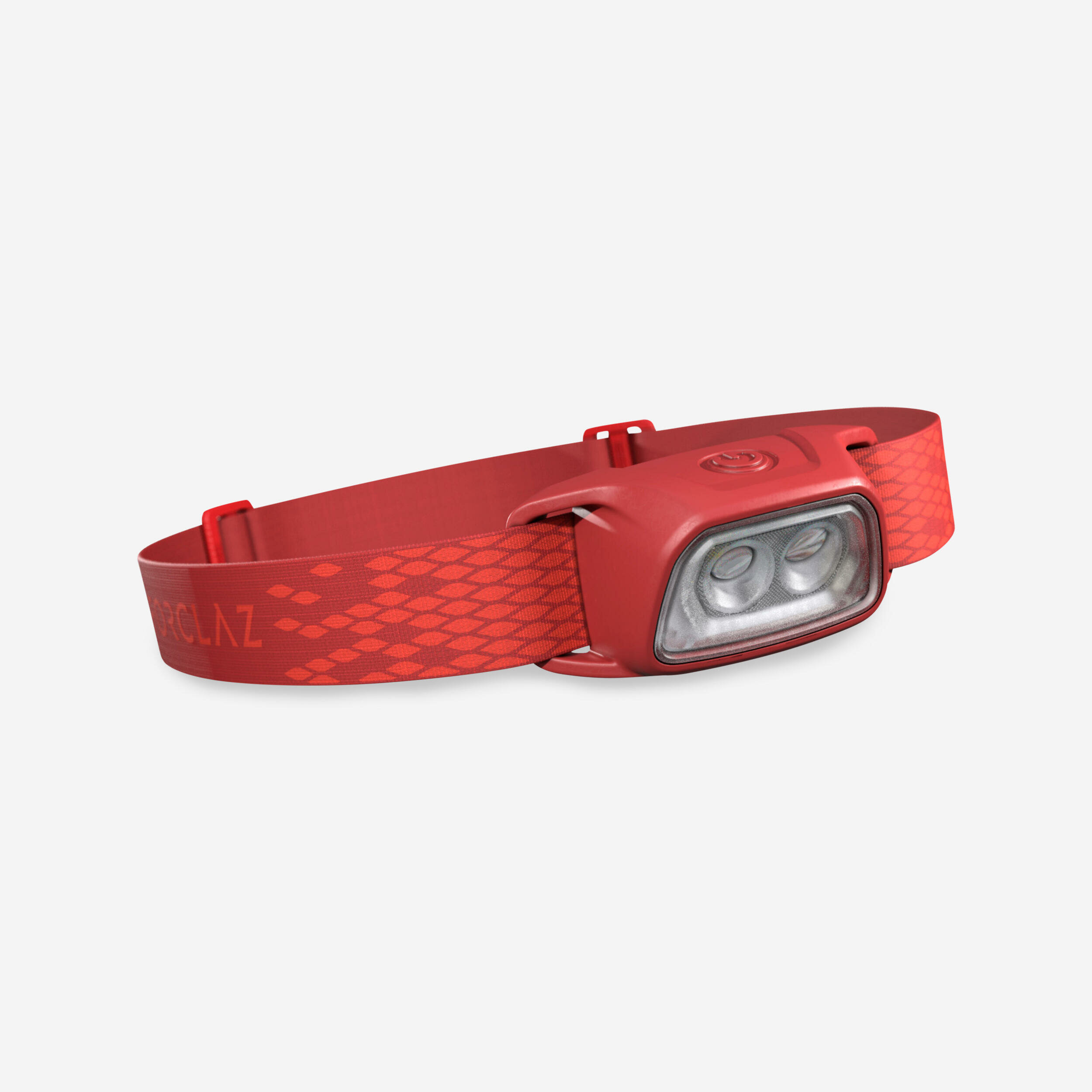 Lampada frontale Forclaz HL100 rossa con fascia elastica vista di tre quarti