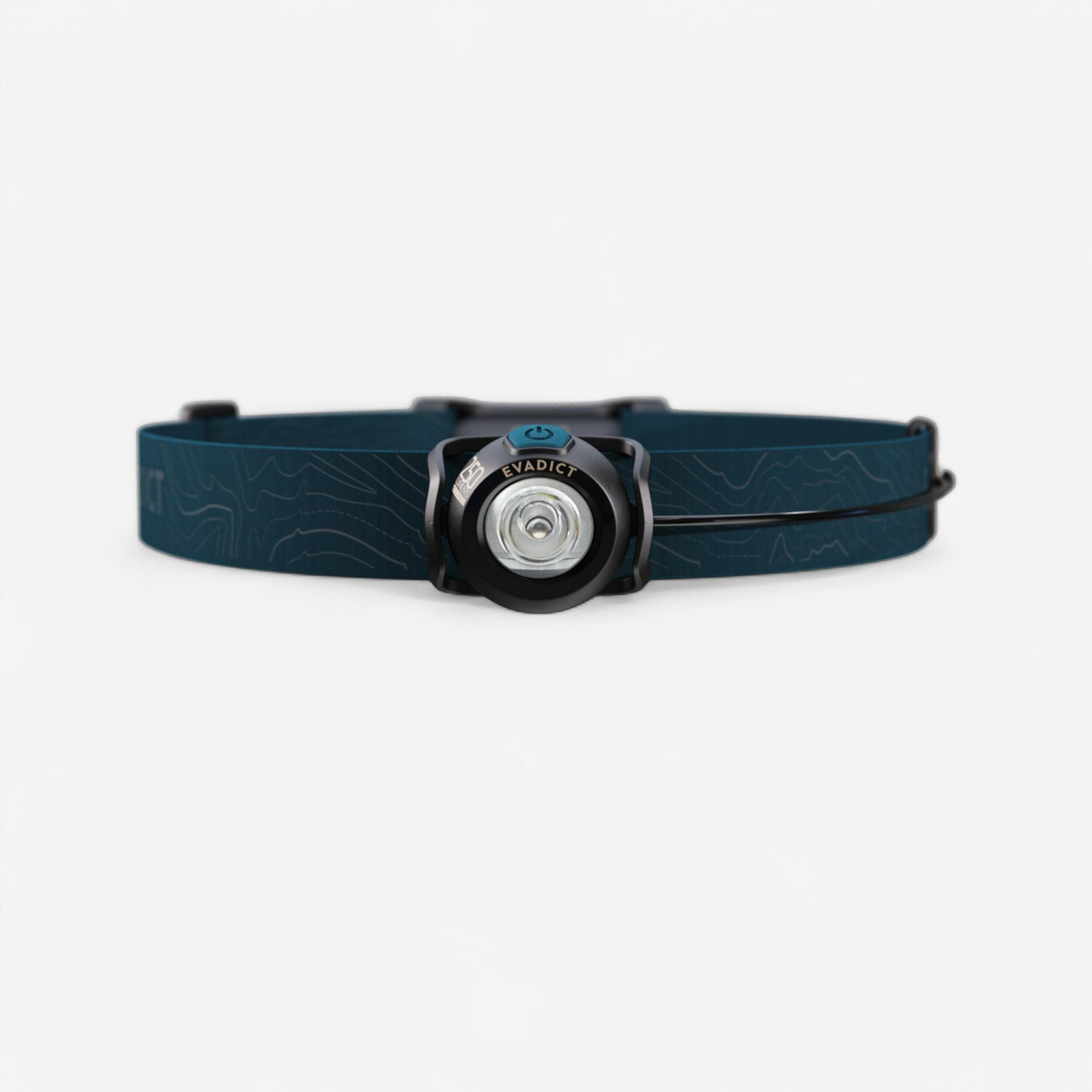 Lampada frontale Evadict ONTRAIL 250 con fascia blu scuro vista di fronte