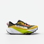 Scarpa da trail donna Kiprun Kipsummit Max gialla e verde lime vista di lato con l'intersuola bianca alta