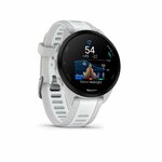 Garmin Forerunner 165 bianco visto di lato con il grafico della frequenza cardiaca sullo schermo