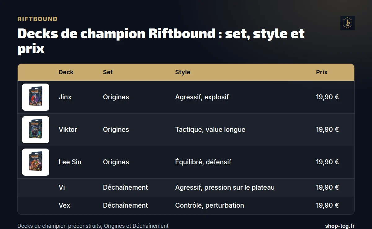 Tableau des cinq decks Riftbound de champion : set, style de jeu et prix de 19,90 € chacun, pour choisir son premier deck.