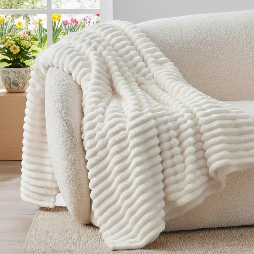 Cremeweiße Kuscheldecke mit breiten Cordstreifen, locker über eine helle Sofalehne gelegt