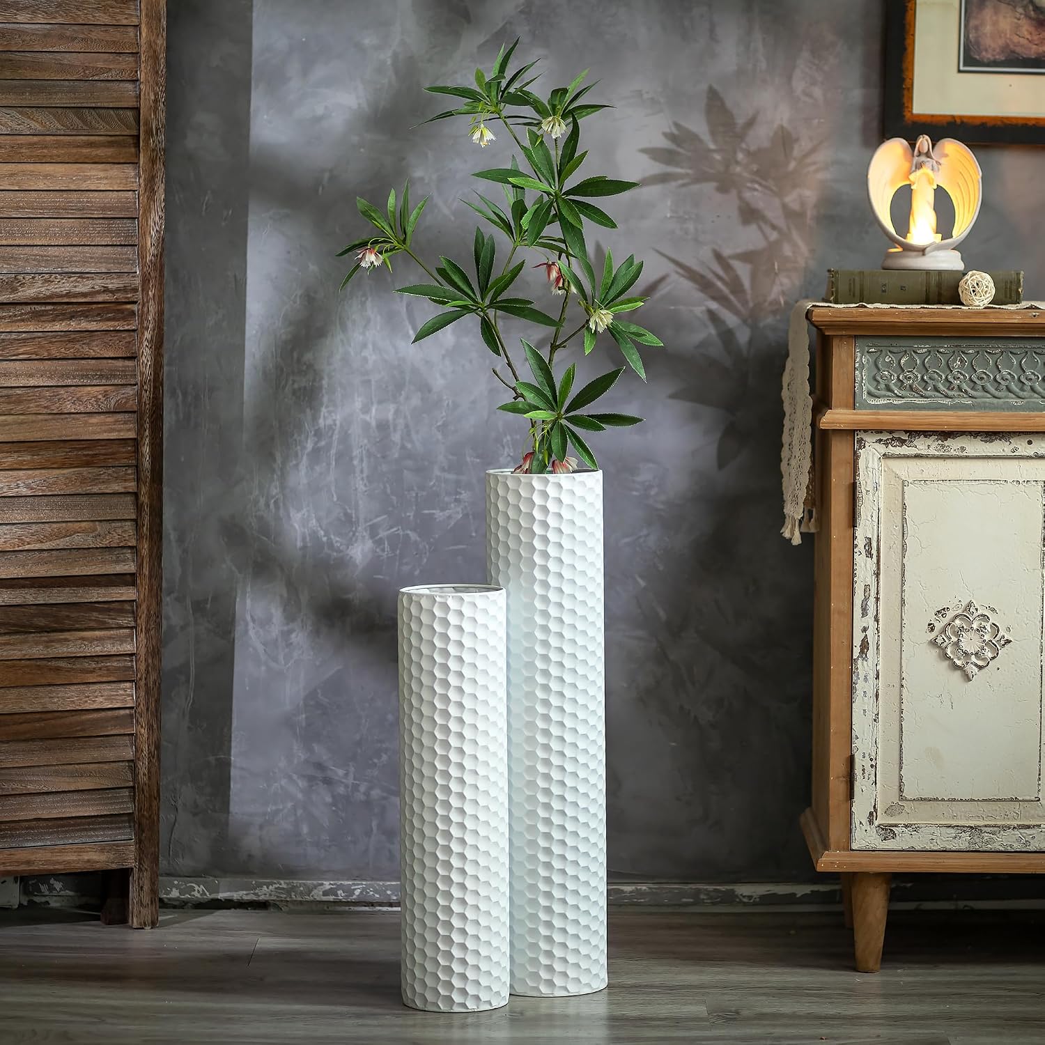 Sziqiqi Metall Bodenvase Groß 70cm: Hohe Vasen Weiß 2er für Pampasgras S+L Weiß 3