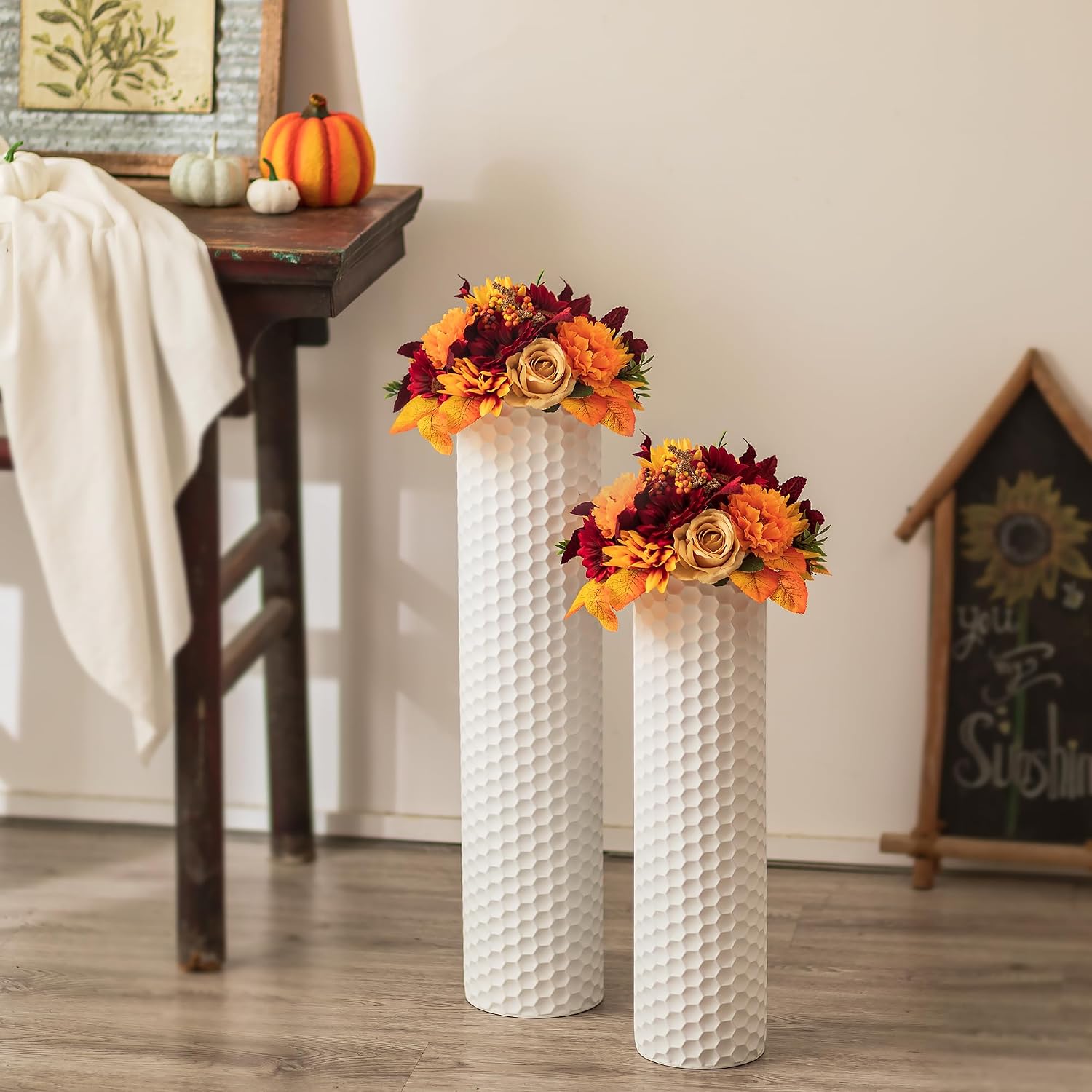 Sziqiqi Metall Bodenvase Groß 70cm: Hohe Vasen Weiß 2er für Pampasgras S+L Weiß 7