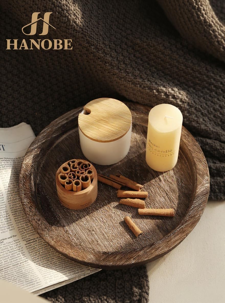 Hanobe Kerzentablett Holz Deko Tablett Rund Holztablett für Tischdeko Holzbraun 8