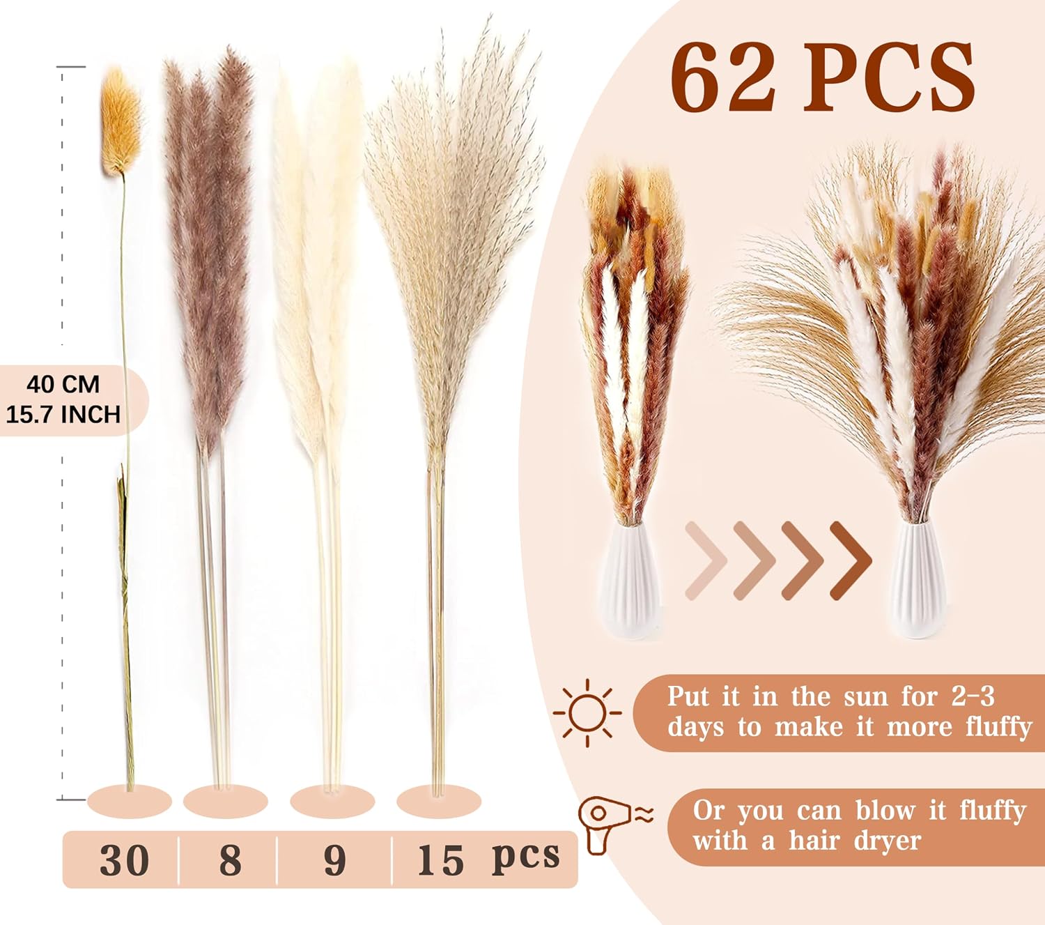 Pampasgras Getrocknet - Natürliche Trockenblumen, Braun、Weiß Pampasgras Flauschige Wedel, Lagurus und Schilfblume Trockenbl 3