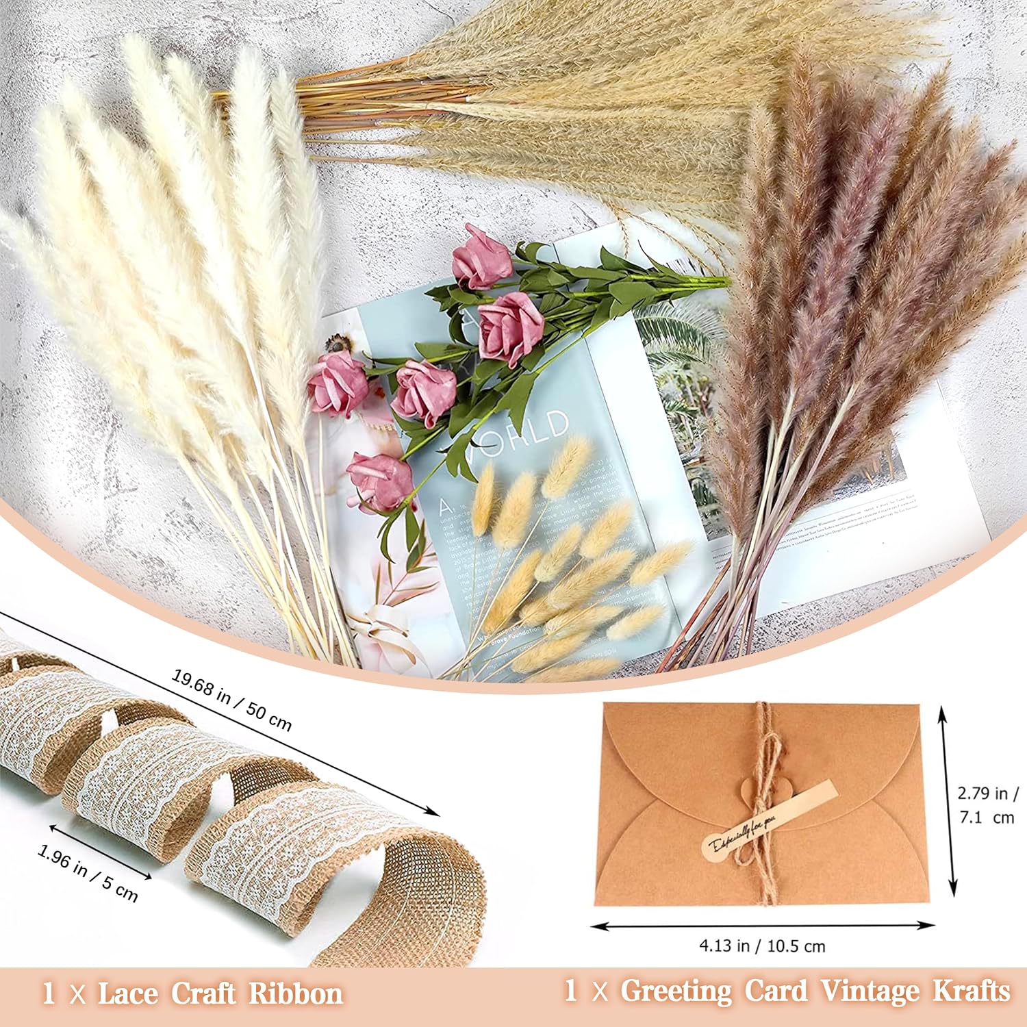 Pampasgras Getrocknet - Natürliche Trockenblumen, Braun、Weiß Pampasgras Flauschige Wedel, Lagurus und Schilfblume Trockenbl 4