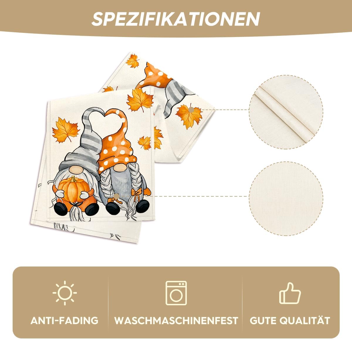 Artoid Mode GNOME Kürbisse Ahornblätter Herbst Tischläufer 40x180 cm 40 x 180 cm Beige 5