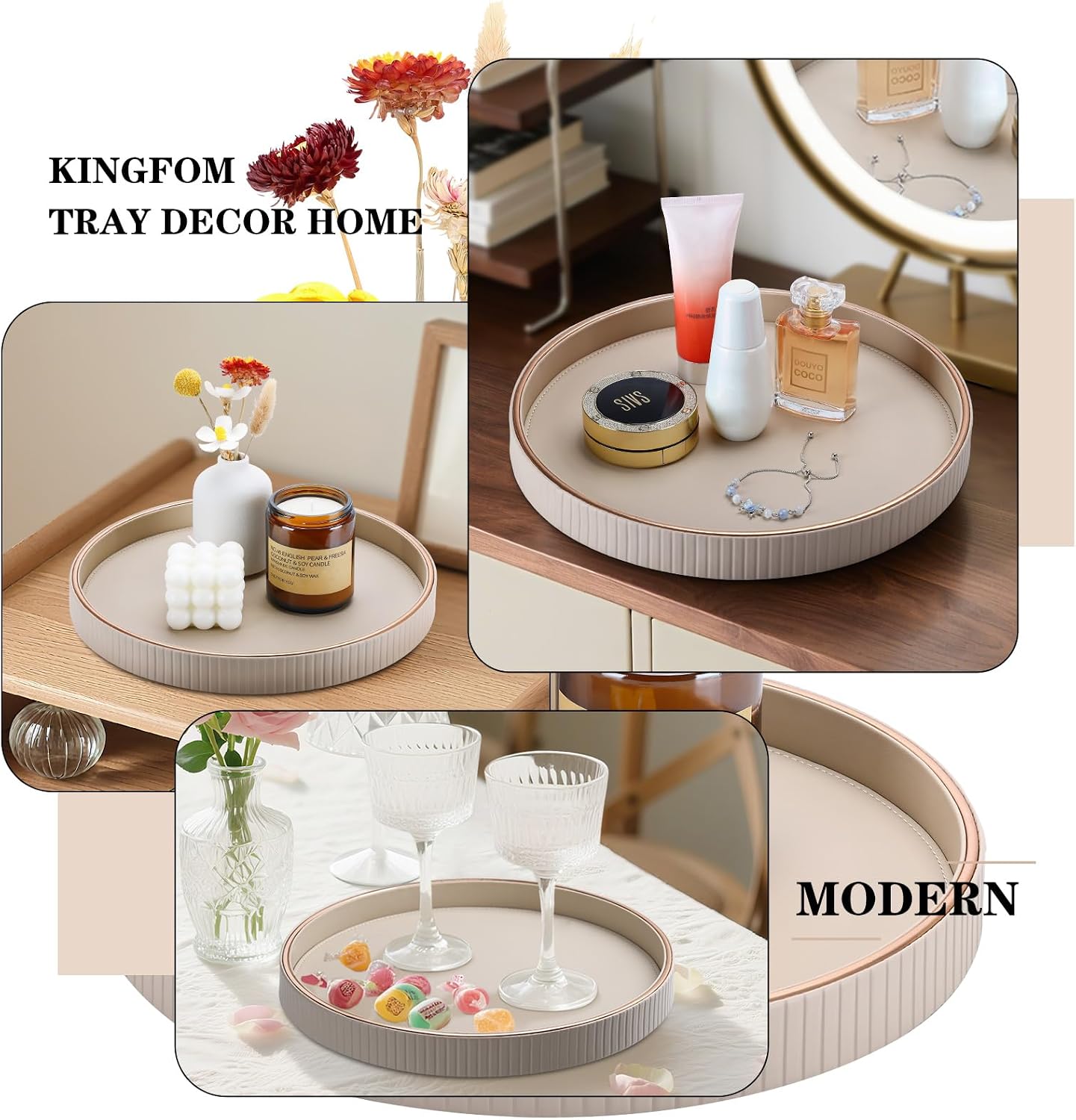 KINGFOM Tablett Serviertablett Groß Deko Tablett Rund Ø 30 cm | PU Leder Dekotablett Valet Tablet für Küche,Wohnzimmer, Sch 7