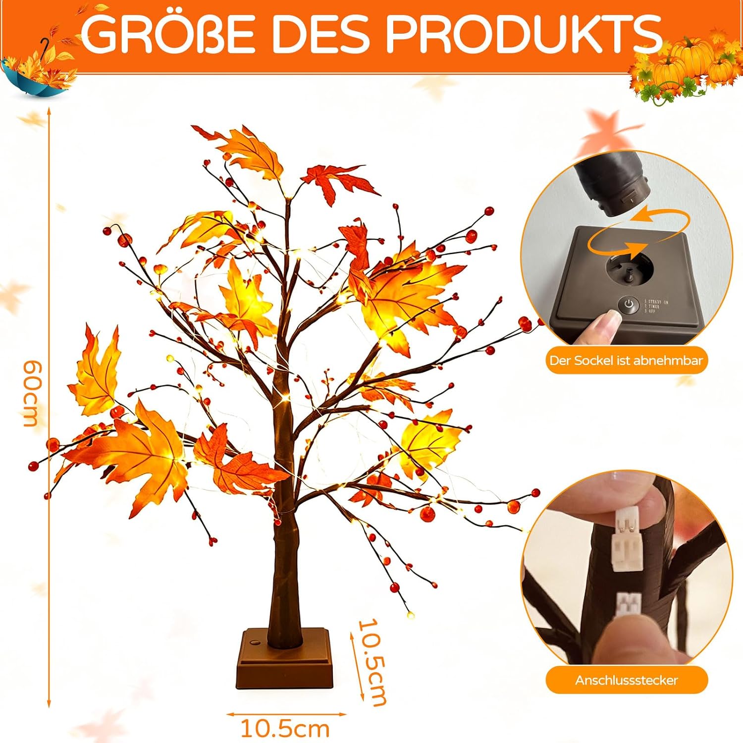 Herbstdeko Ahornblatt Baum mit Lichterketten 61cm 2