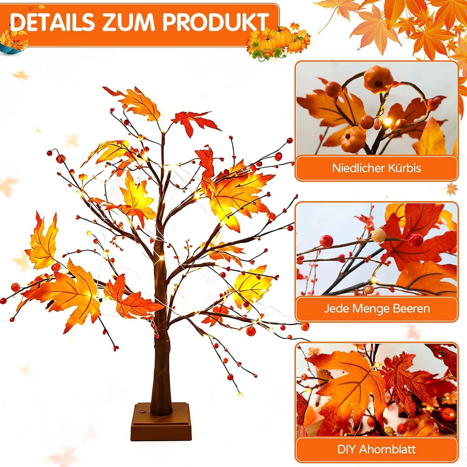 Herbstdeko Ahornblatt Baum mit Lichterketten 61cm 3