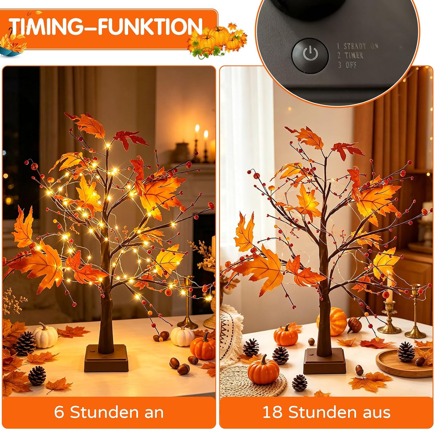 Herbstdeko Ahornblatt Baum mit Lichterketten 61cm 4