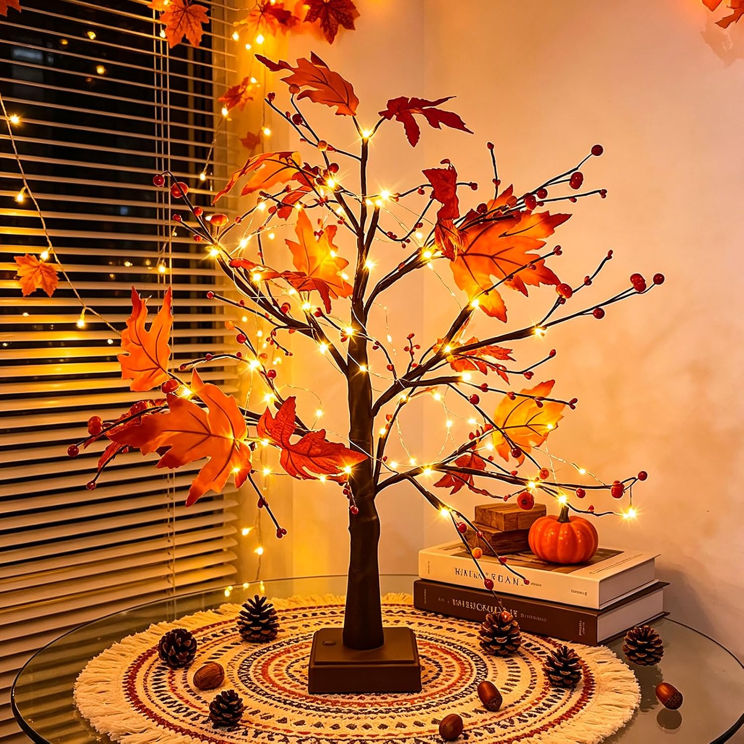 Herbstdeko Ahornblatt Baum mit Lichterketten 61cm 5