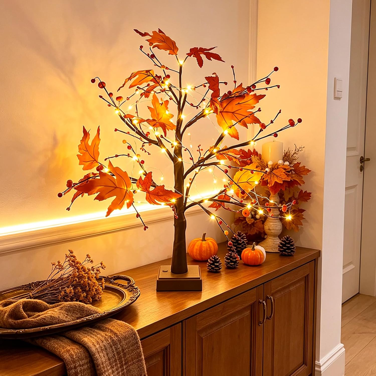 Herbstdeko Ahornblatt Baum mit Lichterketten 61cm 7