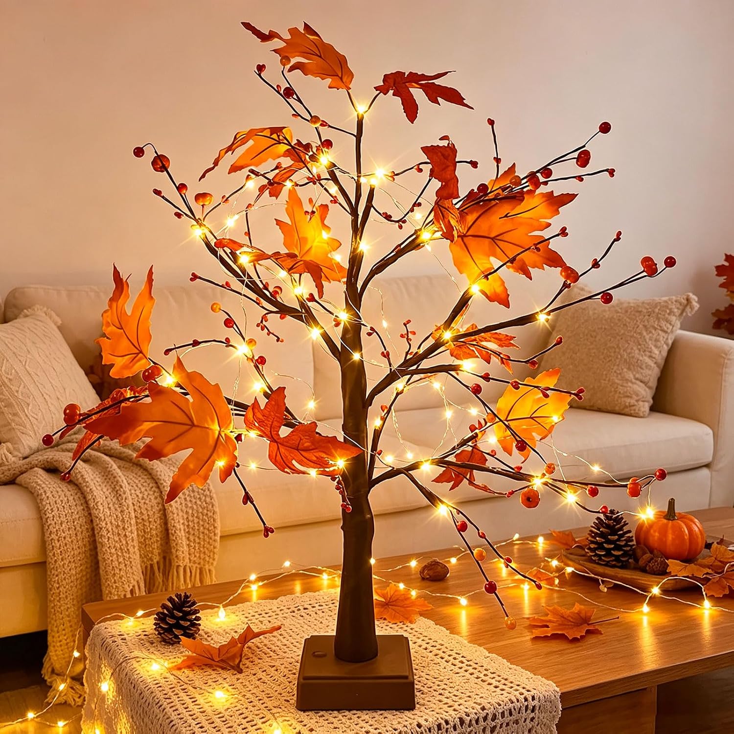 Herbstdeko Ahornblatt Baum mit Lichterketten 61cm 8