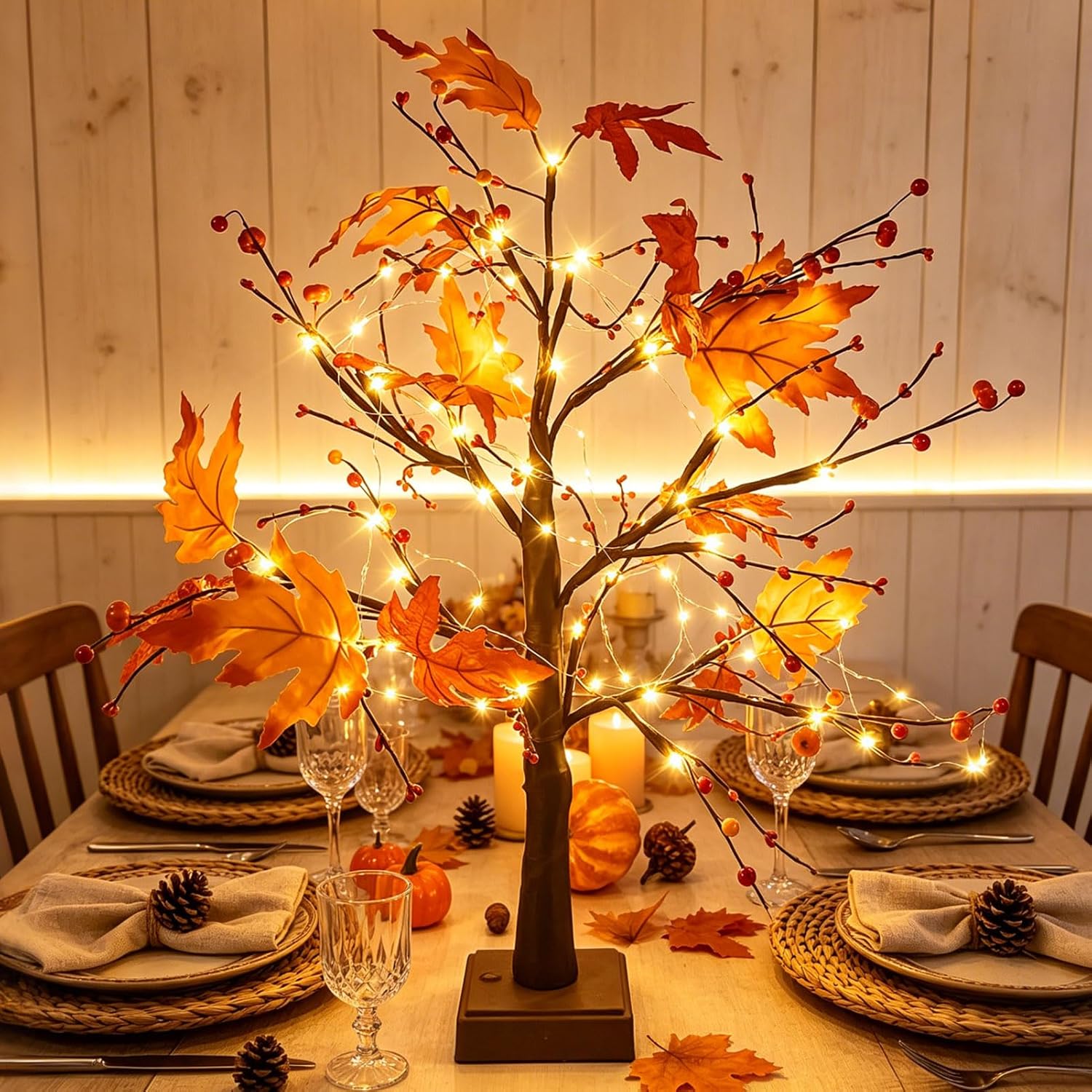 Herbstdeko Ahornblatt Baum mit Lichterketten 61cm 9