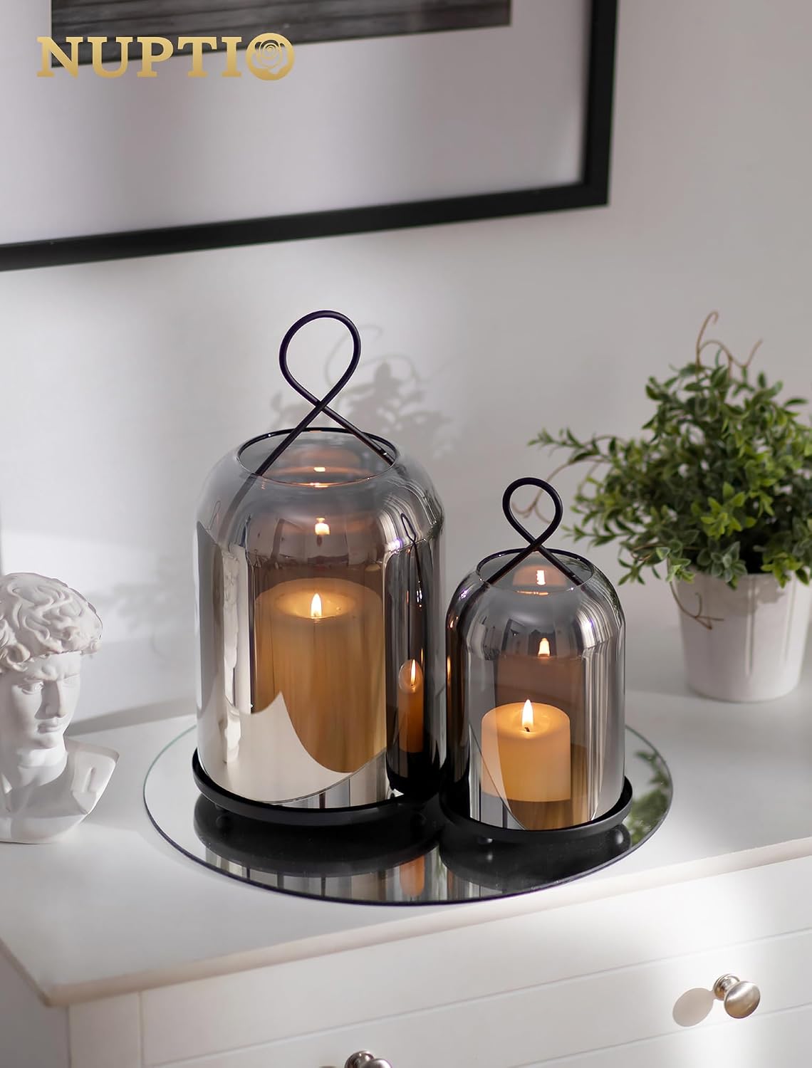 NUPTIO Windlicht Schwarz Wohnzimmer Deko: 2er Kerzenständer Laternen Glas 29cm + 21.5cm Schwarz 2