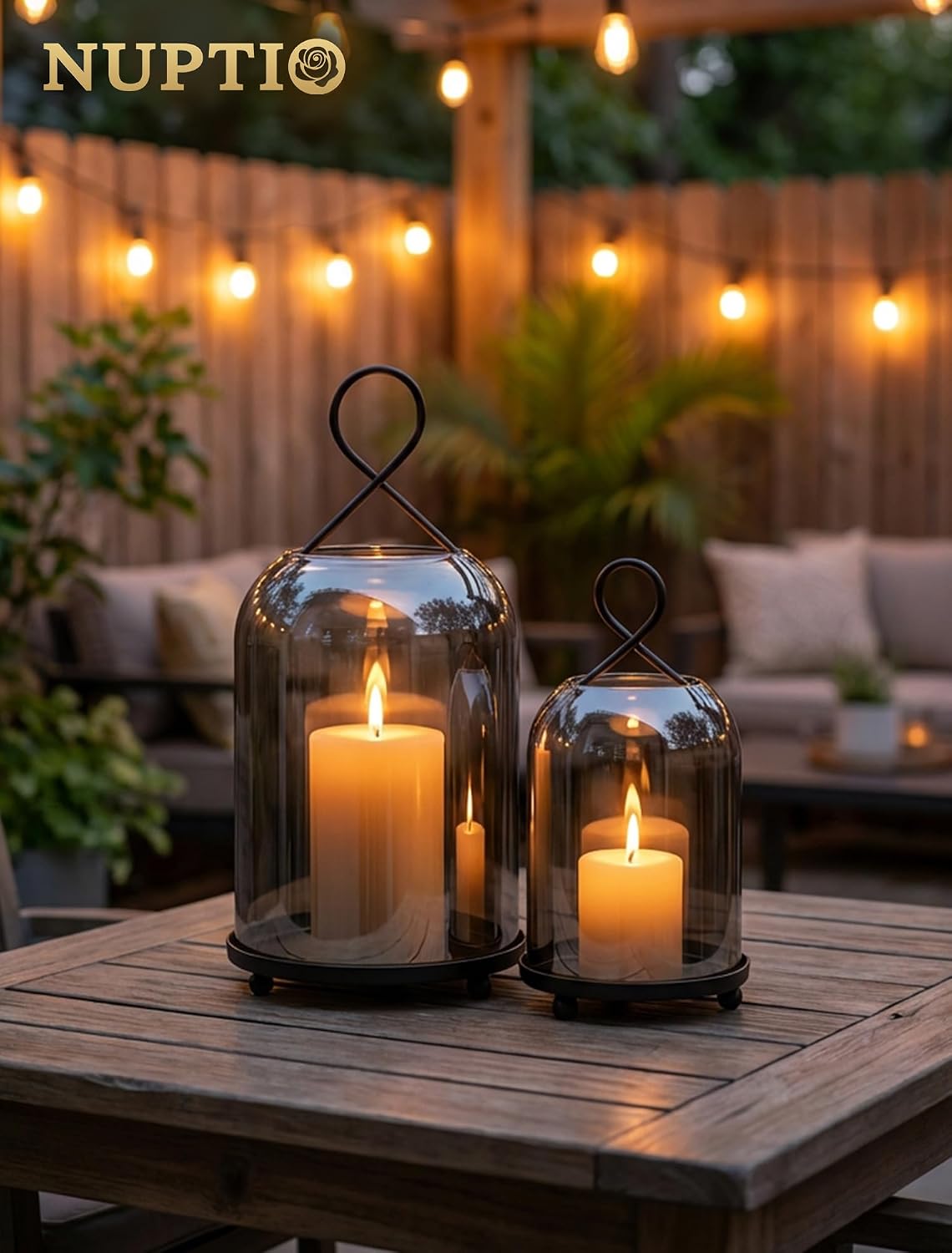 NUPTIO Windlicht Schwarz Wohnzimmer Deko: 2er Kerzenständer Laternen Glas 29cm + 21.5cm Schwarz 3