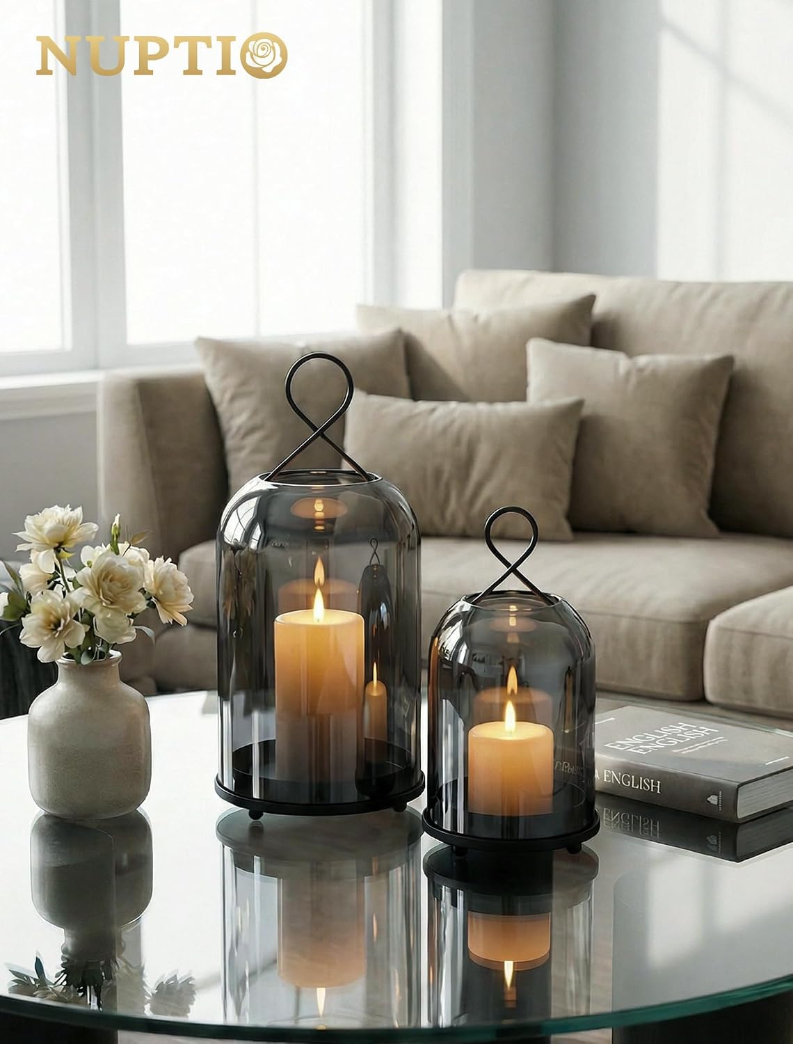 NUPTIO Windlicht Schwarz Wohnzimmer Deko: 2er Kerzenständer Laternen Glas 29cm + 21.5cm Schwarz 6