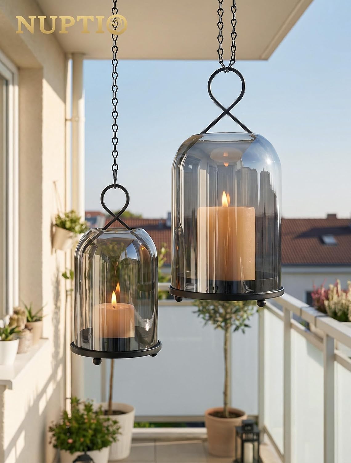 NUPTIO Windlicht Schwarz Wohnzimmer Deko: 2er Kerzenständer Laternen Glas 29cm + 21.5cm Schwarz 8