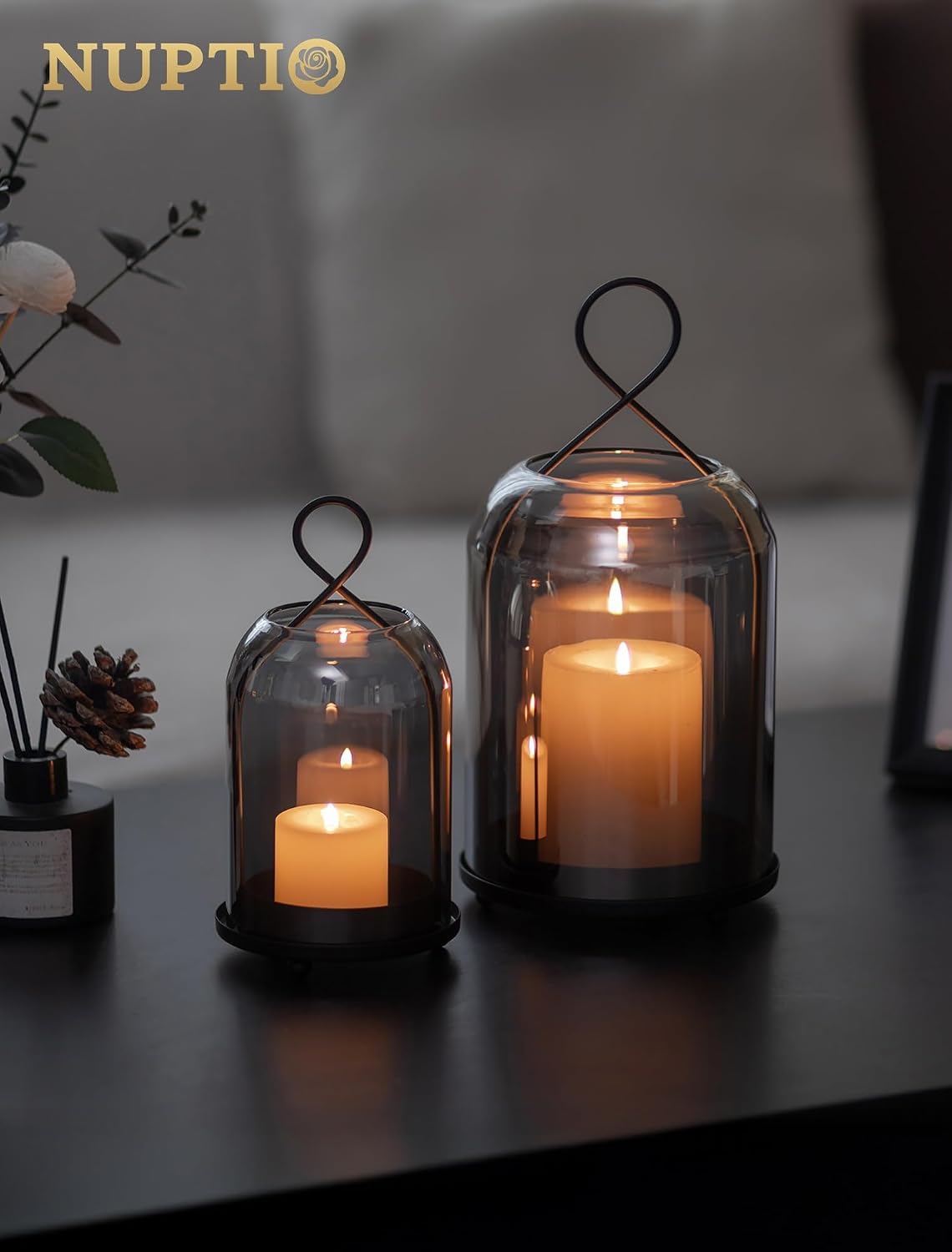 NUPTIO Windlicht Schwarz Wohnzimmer Deko: 2er Kerzenständer Laternen Glas 29cm + 21.5cm Schwarz 9