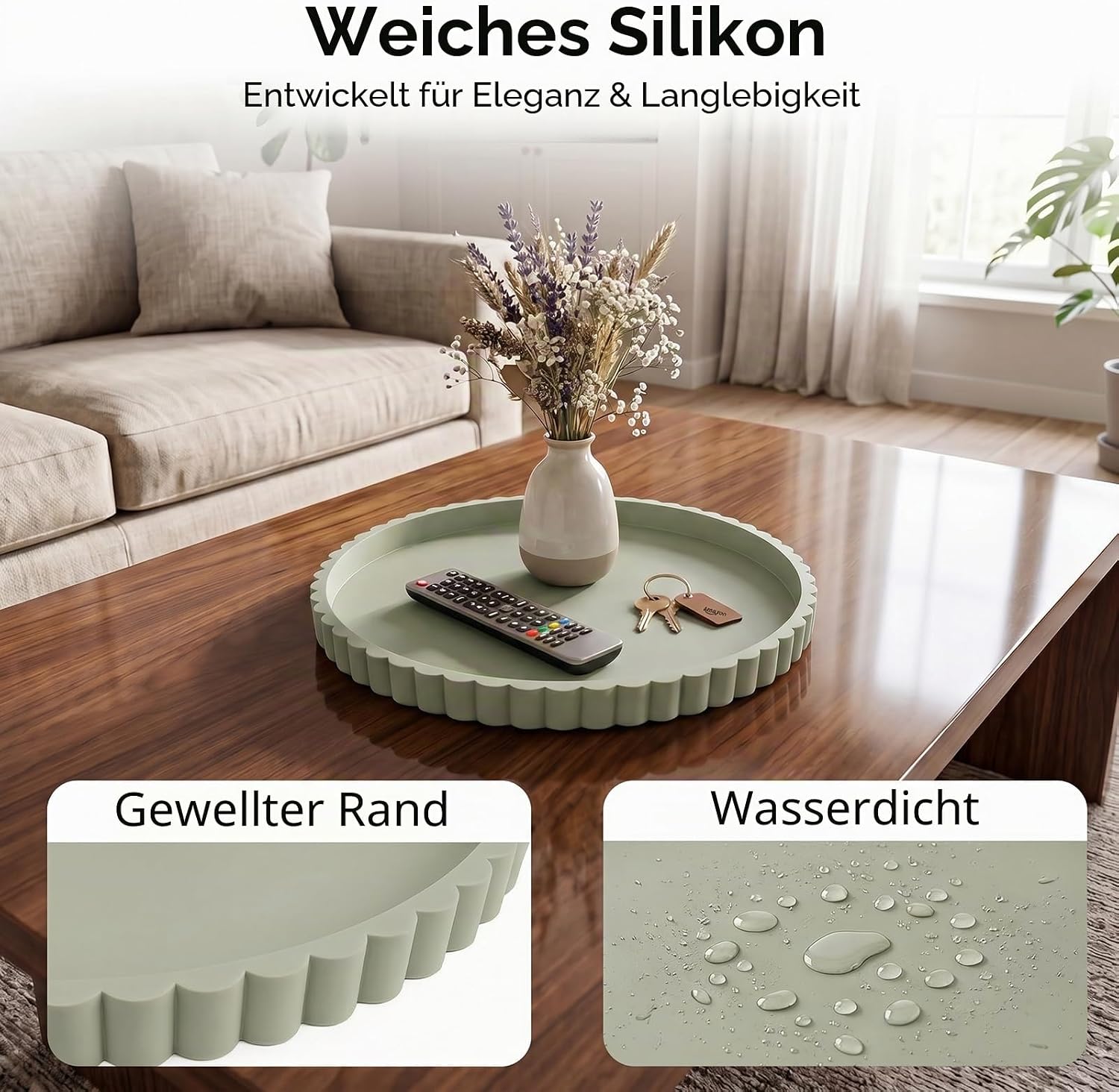Deko Tablett für Badezimmer, 23 x 23 cm Dekoteller Rund für die Kommode, Silikon Marmorplatte rutschfeste, Schmuckschale fü 3