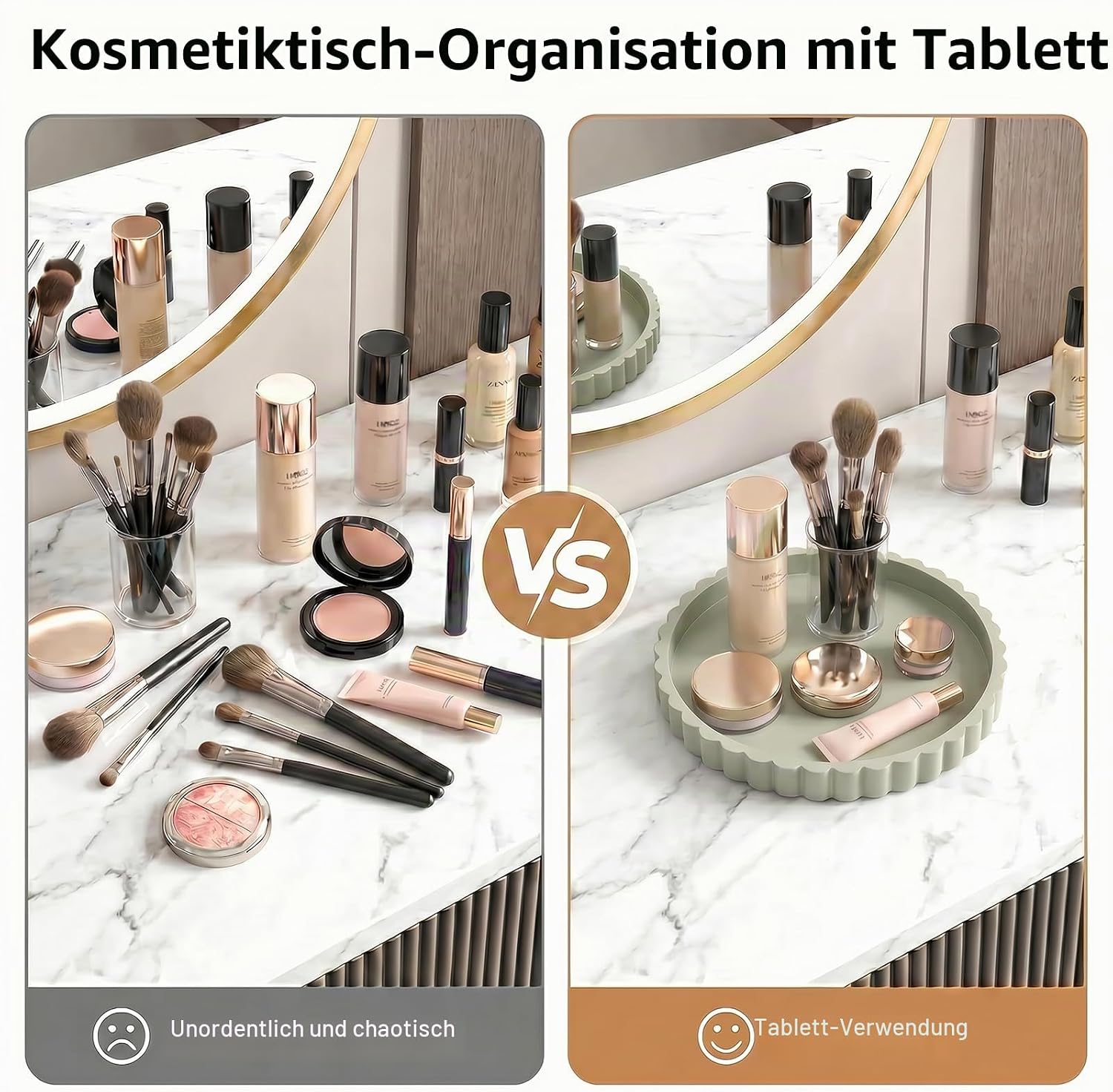 Deko Tablett für Badezimmer, 23 x 23 cm Dekoteller Rund für die Kommode, Silikon Marmorplatte rutschfeste, Schmuckschale fü 4