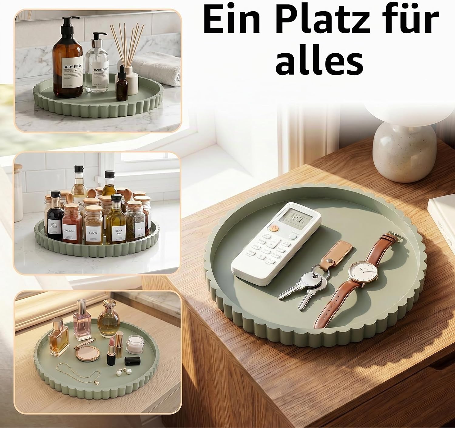 Deko Tablett für Badezimmer, 23 x 23 cm Dekoteller Rund für die Kommode, Silikon Marmorplatte rutschfeste, Schmuckschale fü 5