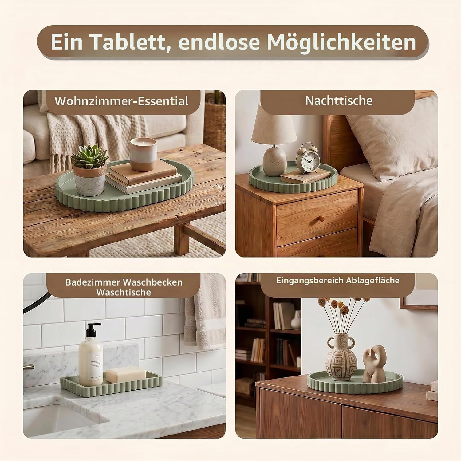 Deko Tablett für Badezimmer, 23 x 23 cm Dekoteller Rund für die Kommode, Silikon Marmorplatte rutschfeste, Schmuckschale fü 6