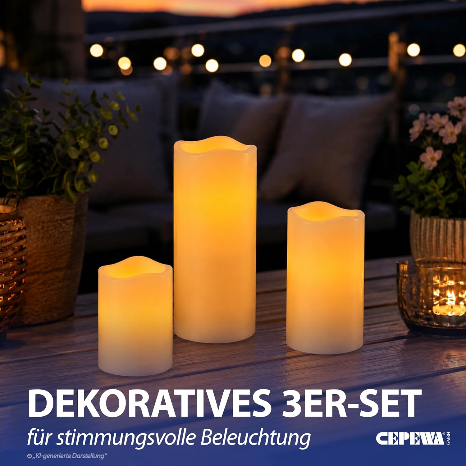 3er Set LED Kerzen Echtwachs-Optik Outdoor | 3 Größen Kunststoff elfenbein | Flackerfunktion warmweiß inkl. 5h Timer batter 3