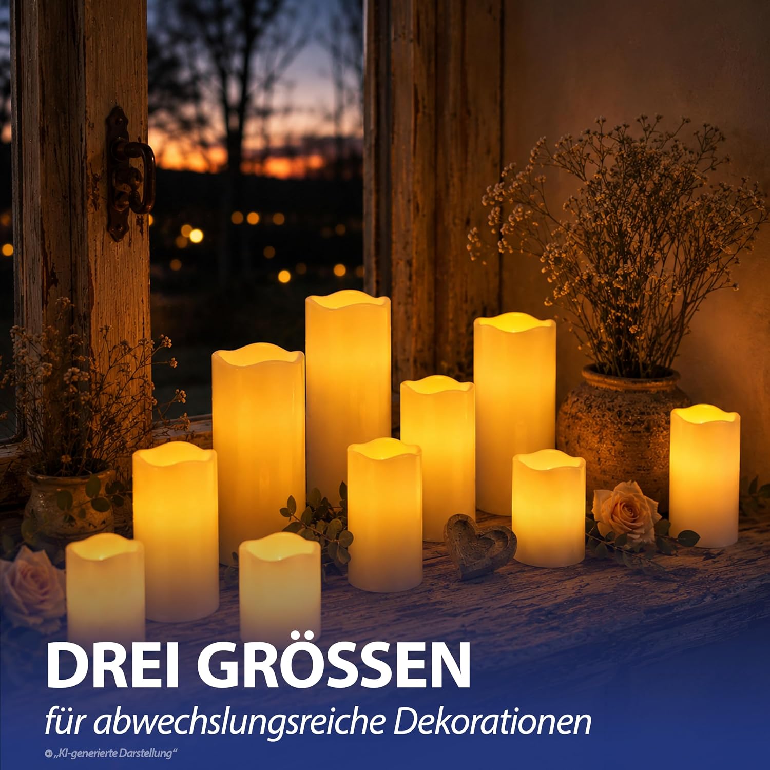 3er Set LED Kerzen Echtwachs-Optik Outdoor | 3 Größen Kunststoff elfenbein | Flackerfunktion warmweiß inkl. 5h Timer batter 4