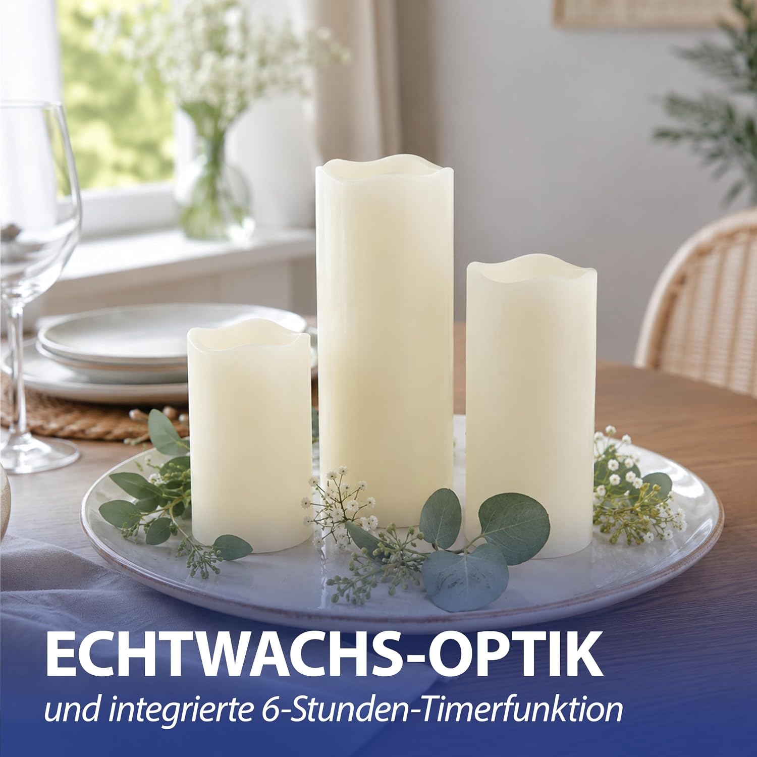 3er Set LED Kerzen Echtwachs-Optik Outdoor | 3 Größen Kunststoff elfenbein | Flackerfunktion warmweiß inkl. 5h Timer batter 5