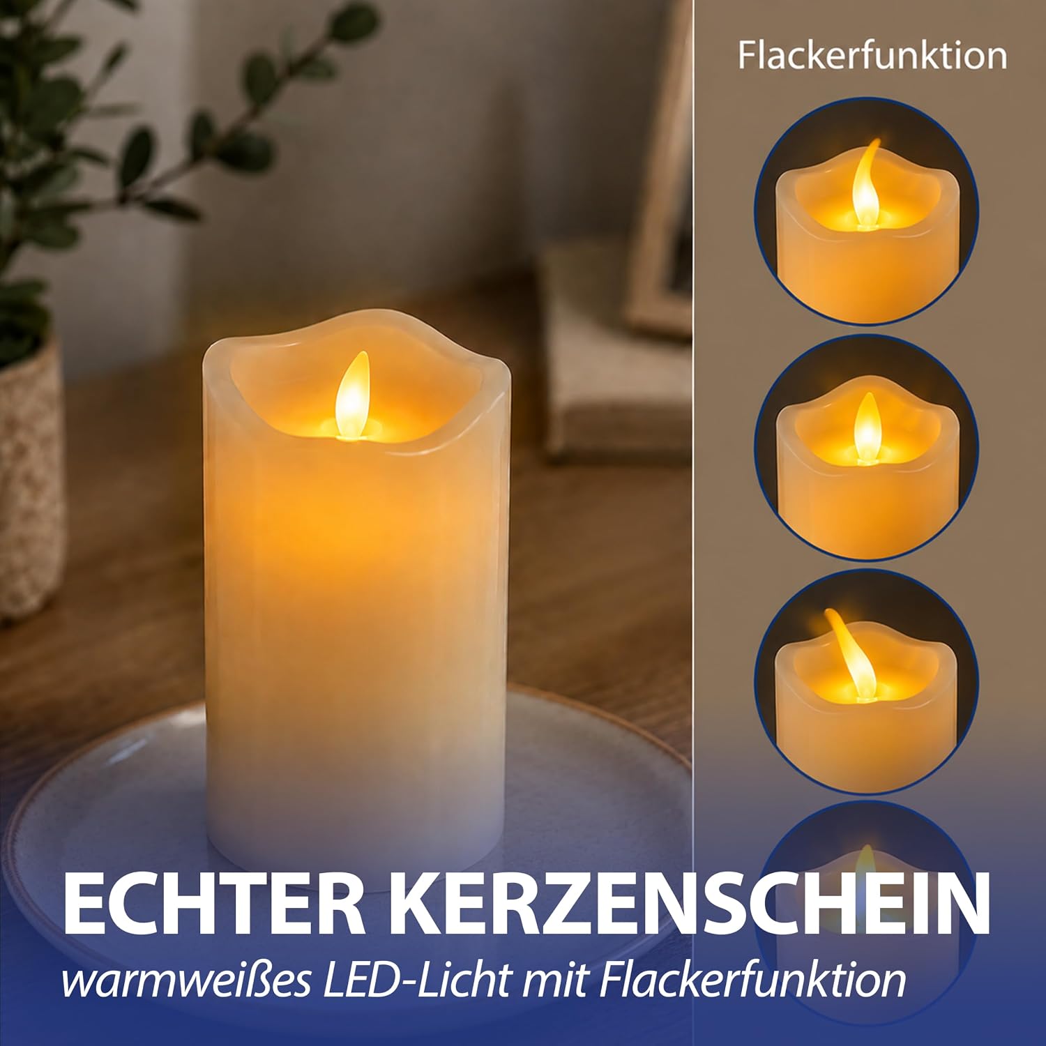 3er Set LED Kerzen Echtwachs-Optik Outdoor | 3 Größen Kunststoff elfenbein | Flackerfunktion warmweiß inkl. 5h Timer batter 7