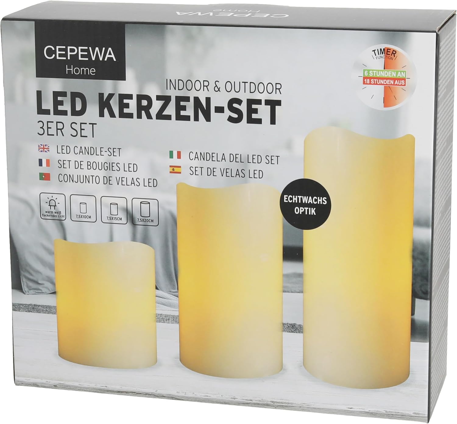 3er Set LED Kerzen Echtwachs-Optik Outdoor | 3 Größen Kunststoff elfenbein | Flackerfunktion warmweiß inkl. 5h Timer batter 8