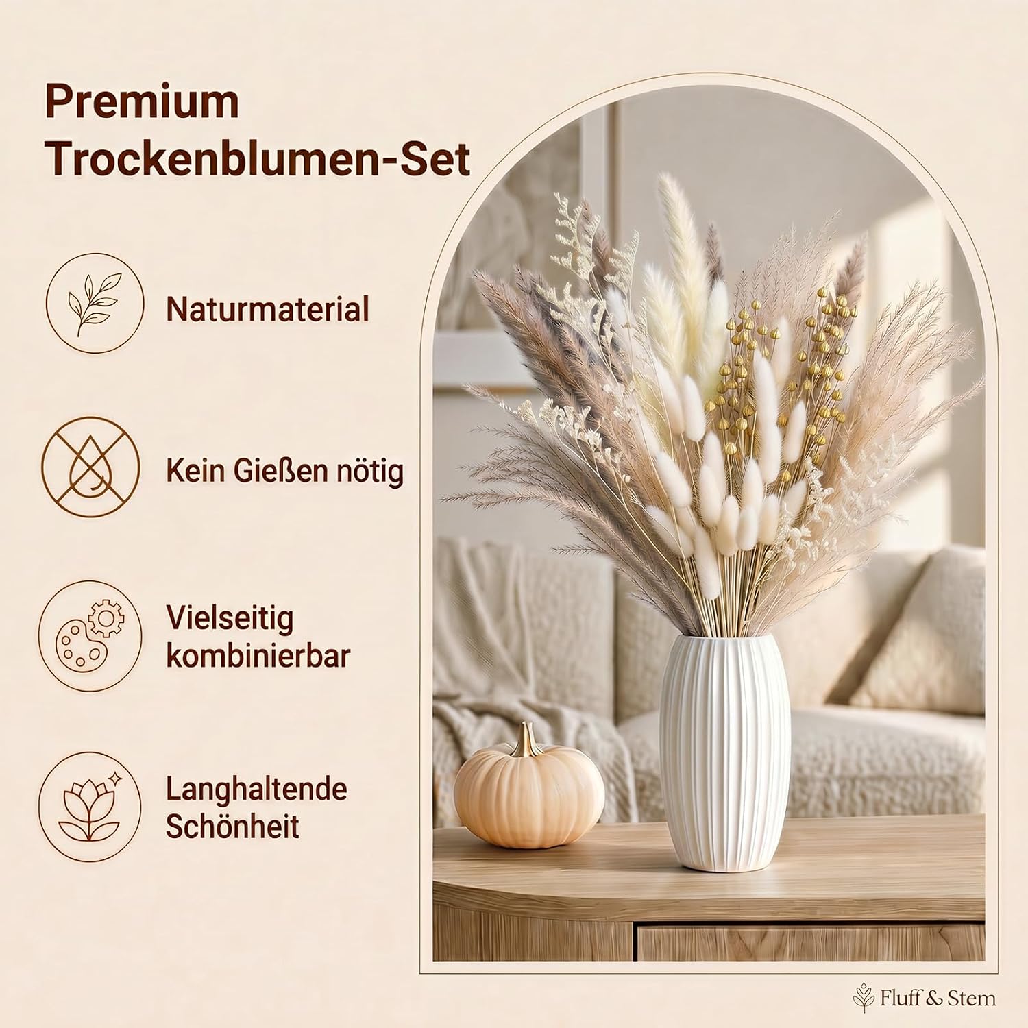 BOSONER Pampasgras Trockenblumen Boho Deko: 80-teiliges Trockenblumenstrauß Set mit natürlichen getrockneten Pampas Gras Pl 3