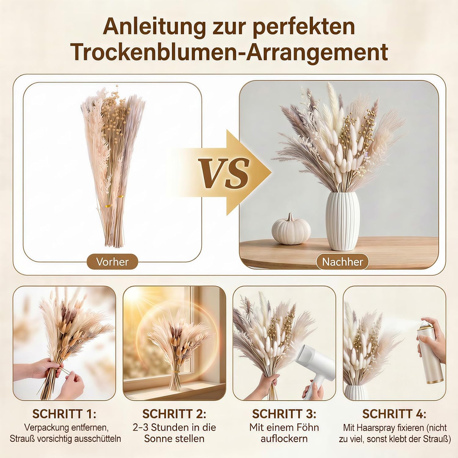 BOSONER Pampasgras Trockenblumen Boho Deko: 80-teiliges Trockenblumenstrauß Set mit natürlichen getrockneten Pampas Gras Pl 4