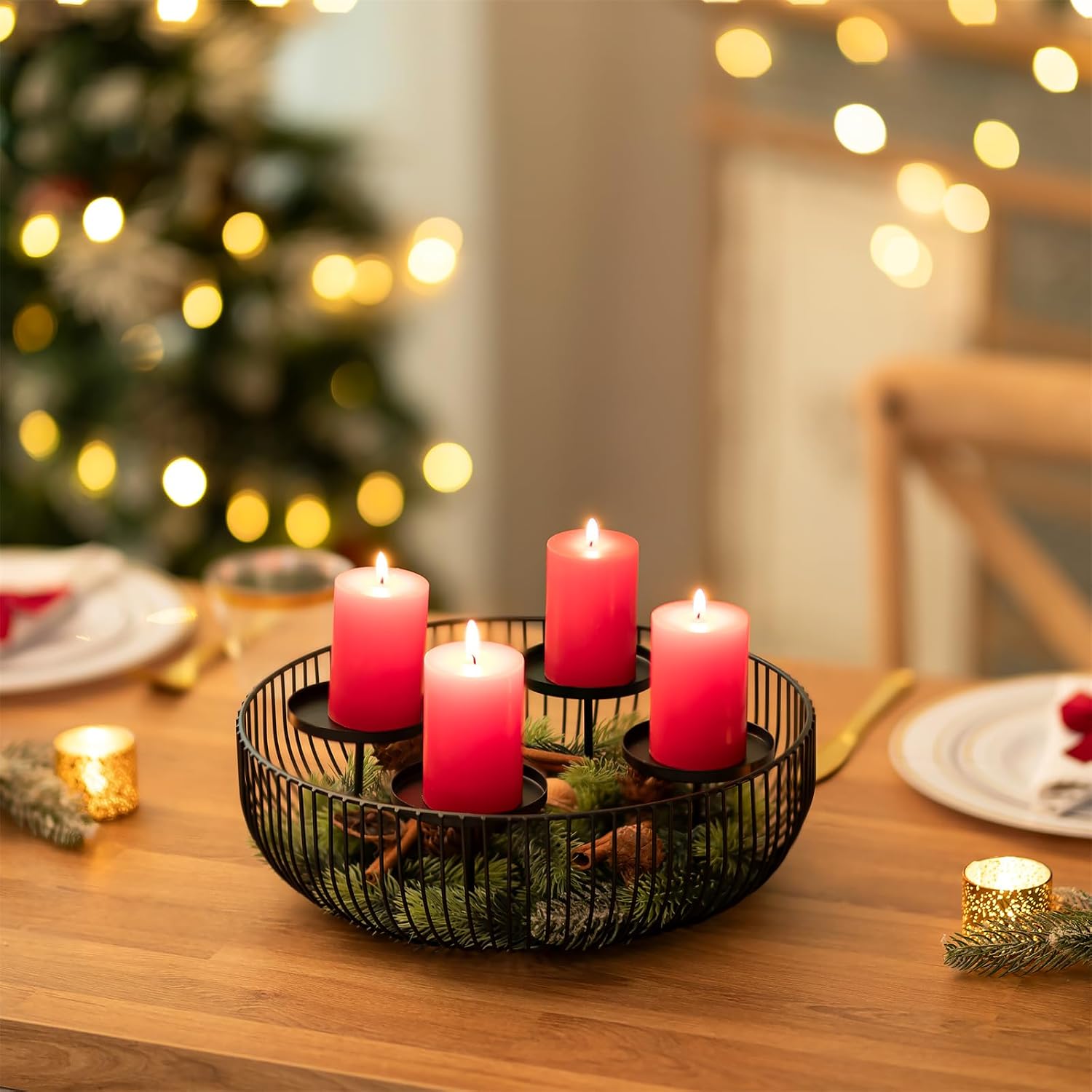 Sziqiqi Adventskranz Modern Metall Schwarz, 30cm Rund Gestell 2
