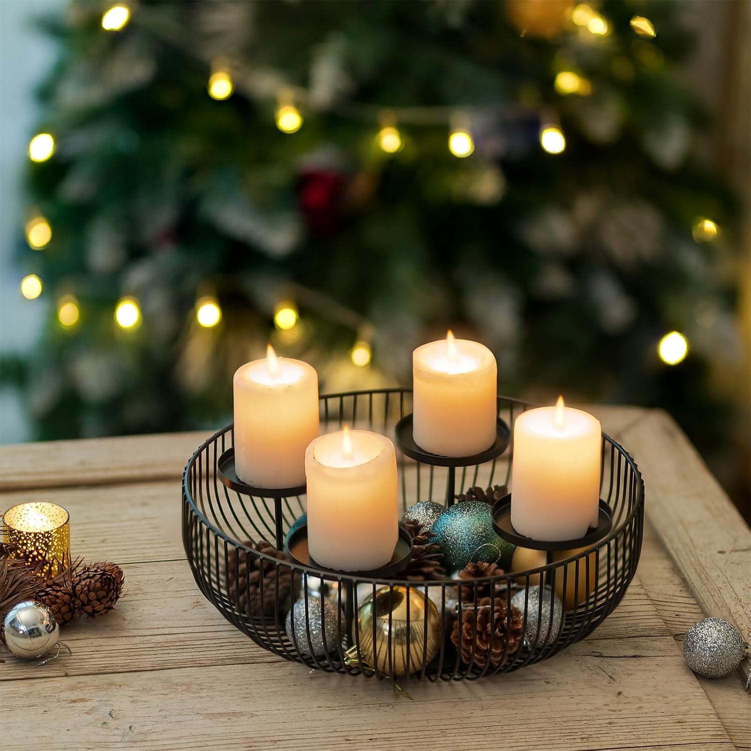 Sziqiqi Adventskranz Modern Metall Schwarz, 30cm Rund Gestell 3