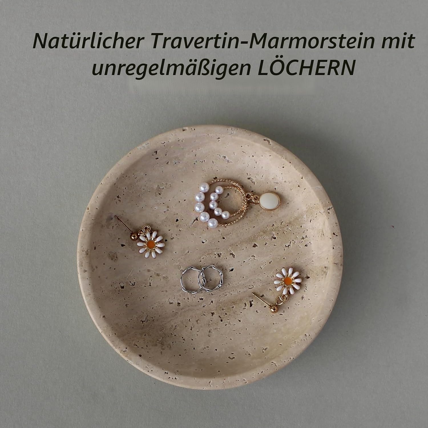 Schmuckschale aus natürlichem Marmor, Travertin, 14 cm, Schmuckschale für Ringe, Ohrringe, Geschenk für Frau, Tochter (Beig 5