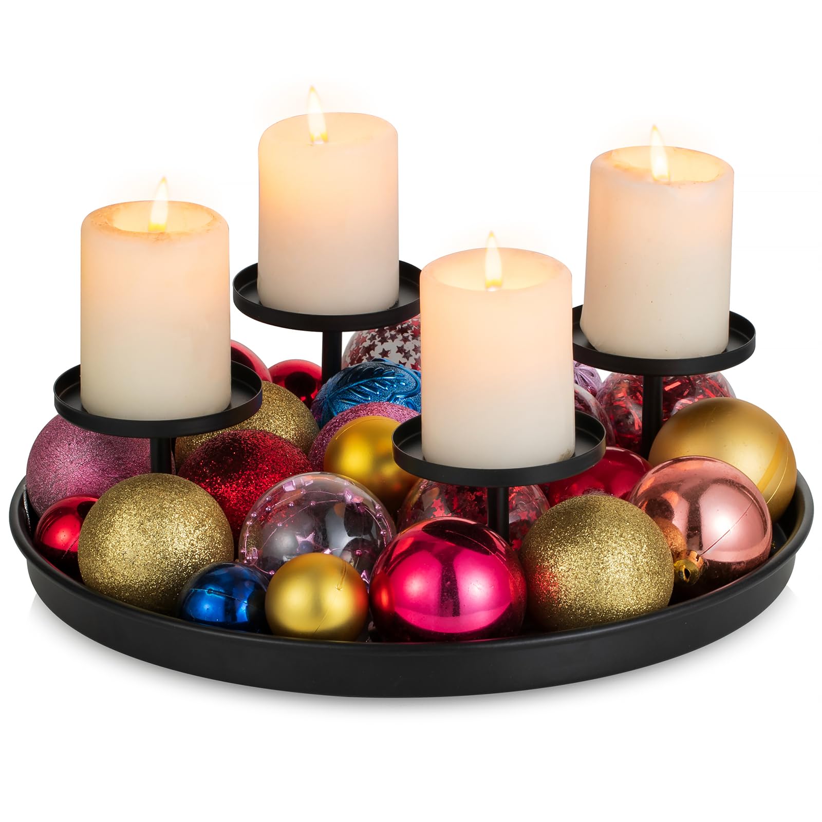 Schwarzes rundes Metalltablett mit vier erhöhten Kerzentellern auf Stäben als moderner Adventskranz