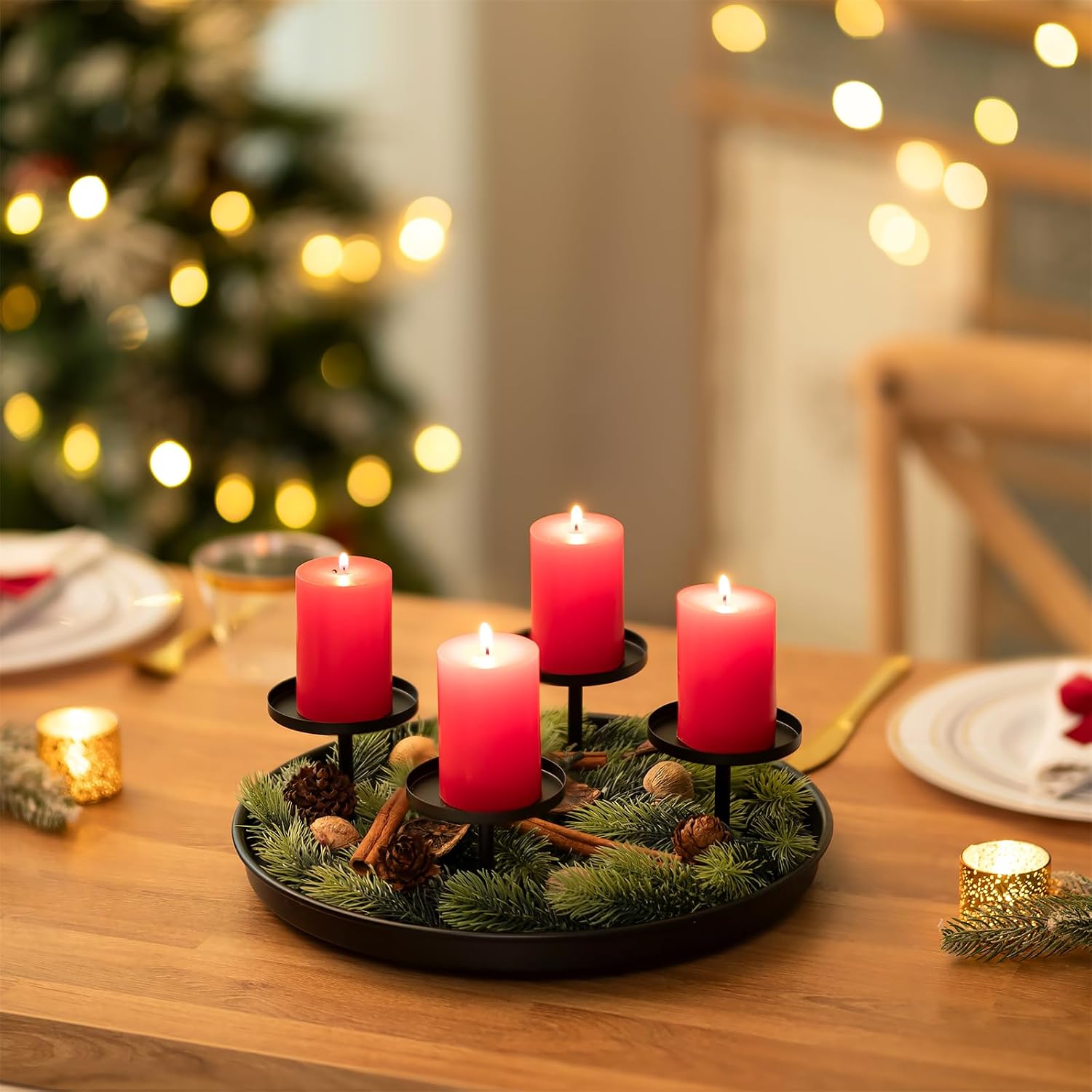 Sziqiqi Adventskranz Modern Metall Schwarz, 30cm Rund Tablett 2