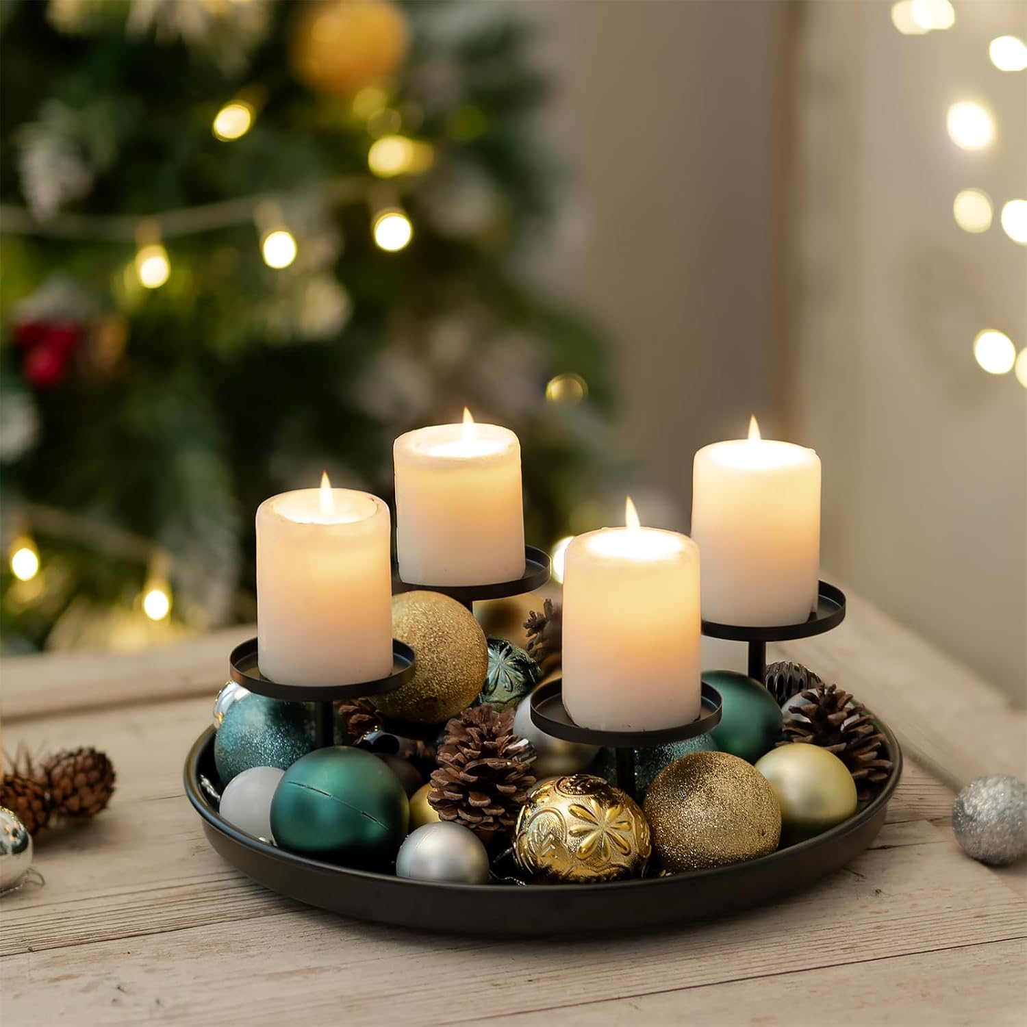 Sziqiqi Adventskranz Modern Metall Schwarz, 30cm Rund Tablett 3
