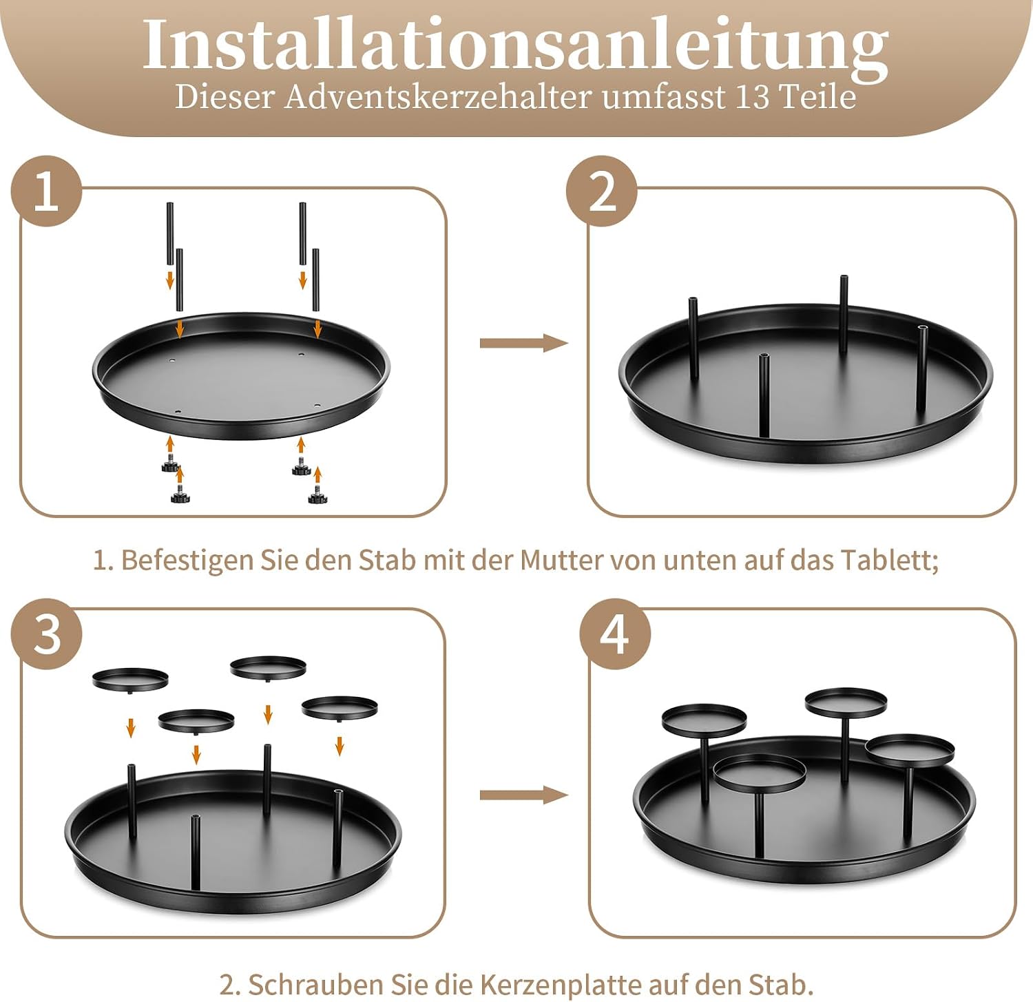 Sziqiqi Adventskranz Modern Metall Schwarz, 30cm Rund Tablett 7