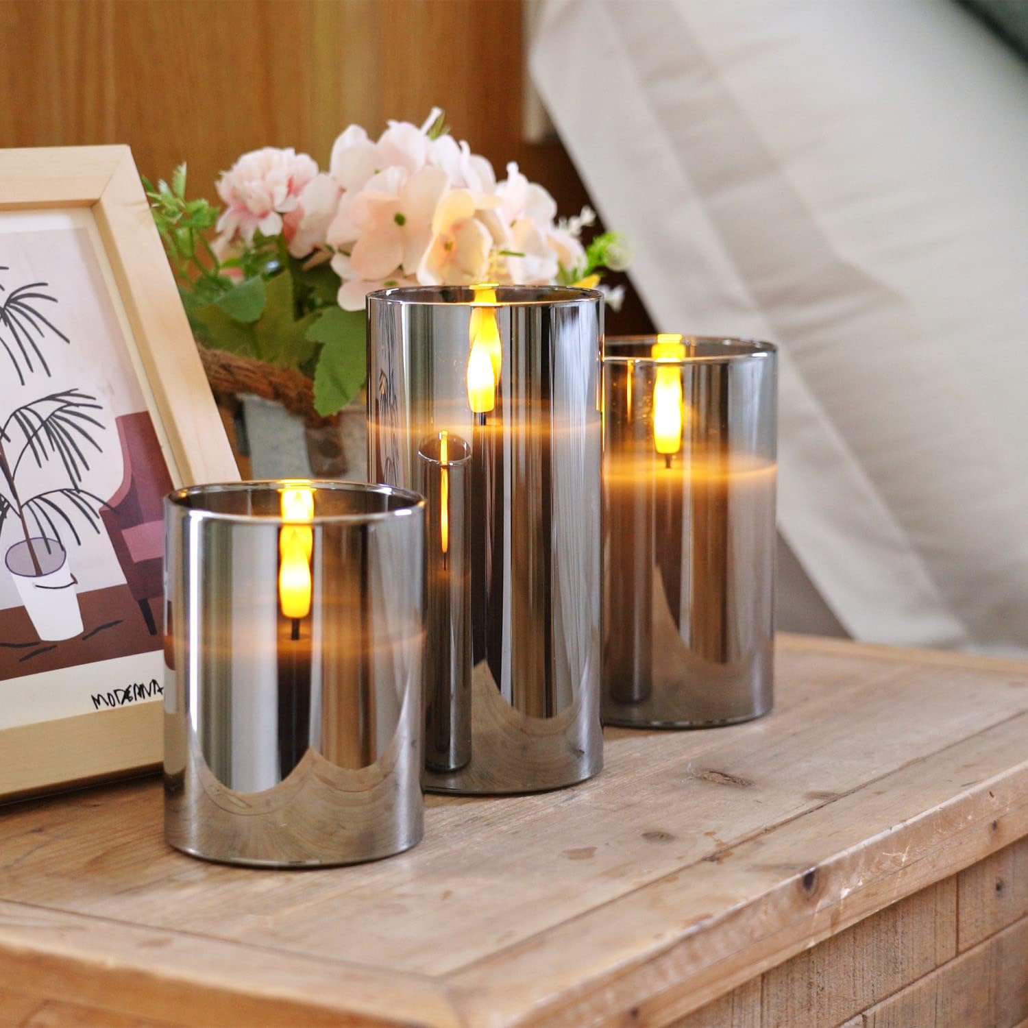 Homemory Grau Glas Flammenlose Kerzen, Batteriebetriebene LED Stumpenkerzen mit Fernbedienung und Timer, Elektrische Kerzen 6