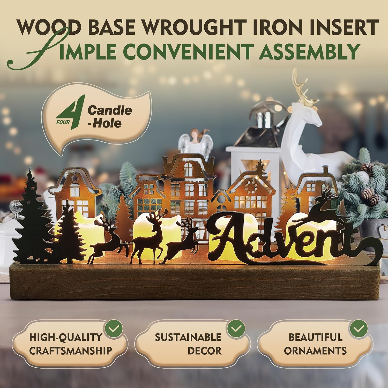 Adventskranz Modern, Adventskranz Metall mit Holz Haltern, Adventsgesteck Länglich, Kerzenhalter Adventkranz Teelichter für 2