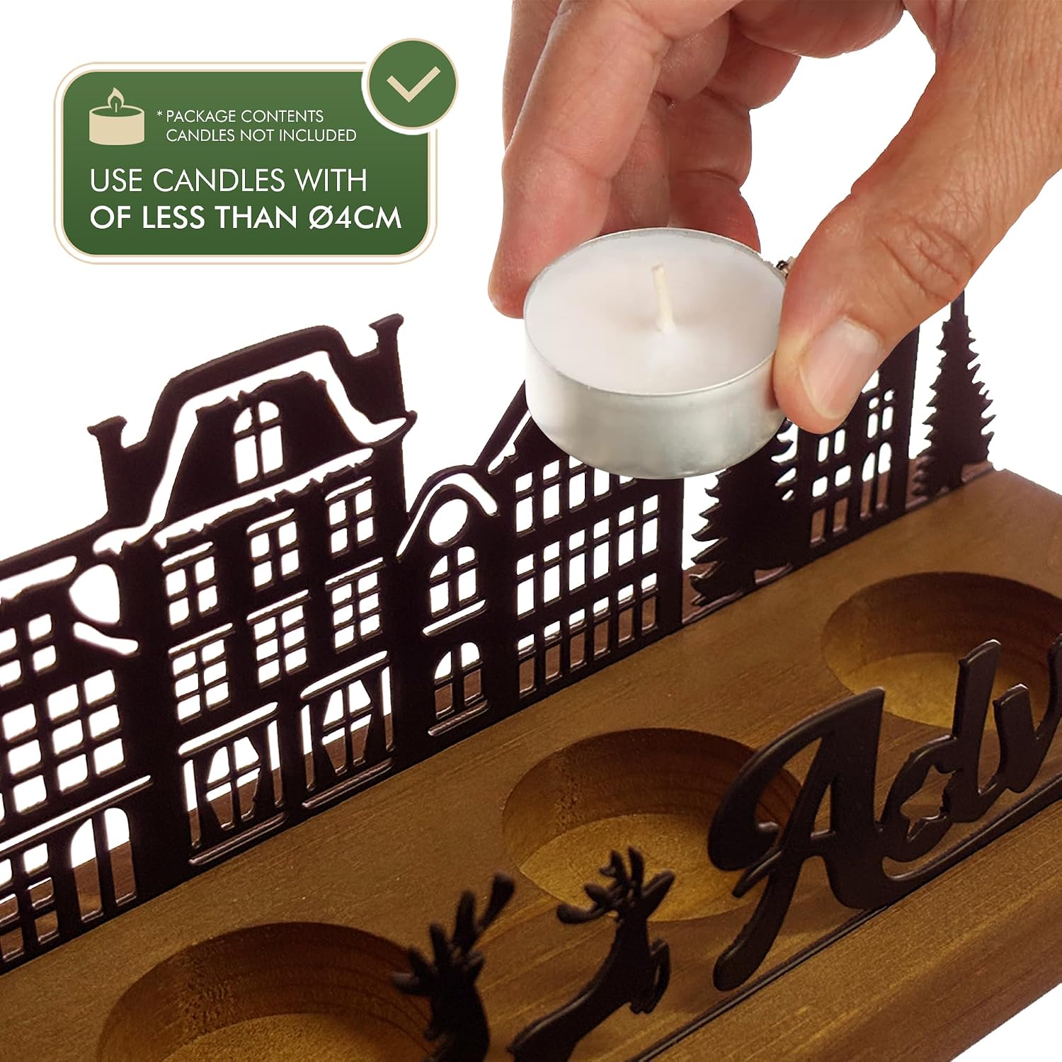 Adventskranz Modern, Adventskranz Metall mit Holz Haltern, Adventsgesteck Länglich, Kerzenhalter Adventkranz Teelichter für 5