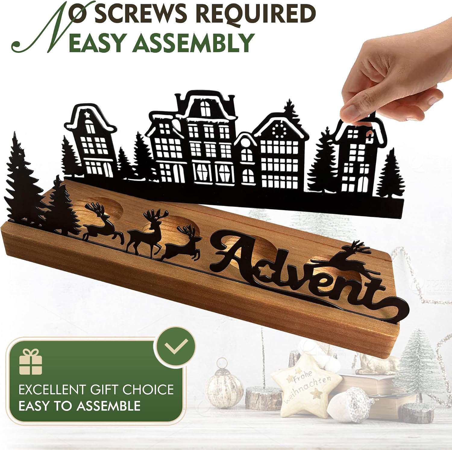 Adventskranz Modern, Adventskranz Metall mit Holz Haltern, Adventsgesteck Länglich, Kerzenhalter Adventkranz Teelichter für 6