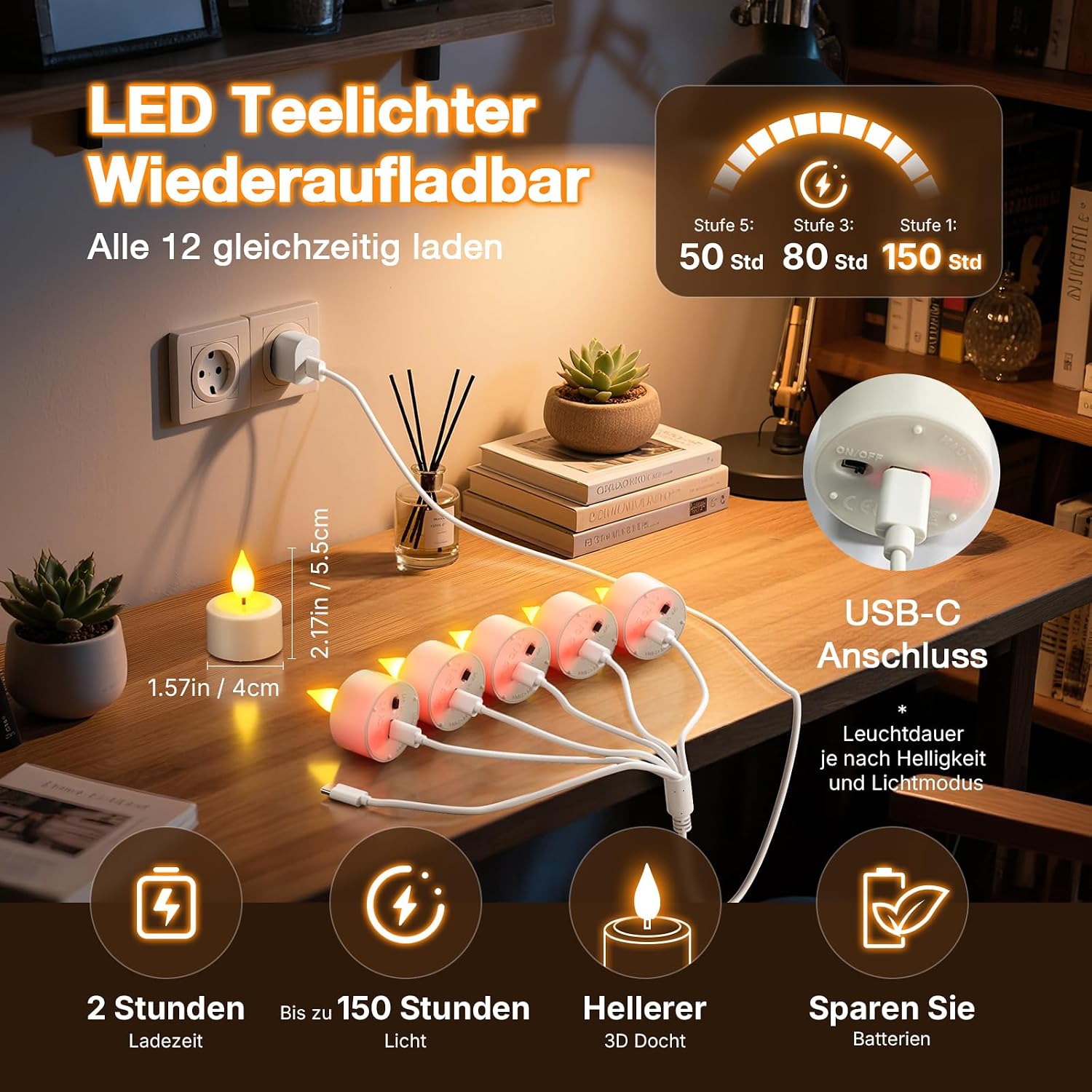SoulBay LED Teelichter Wiederaufladbar mit Fernbedienung &amp; Timer, 12er Set Weiß 2